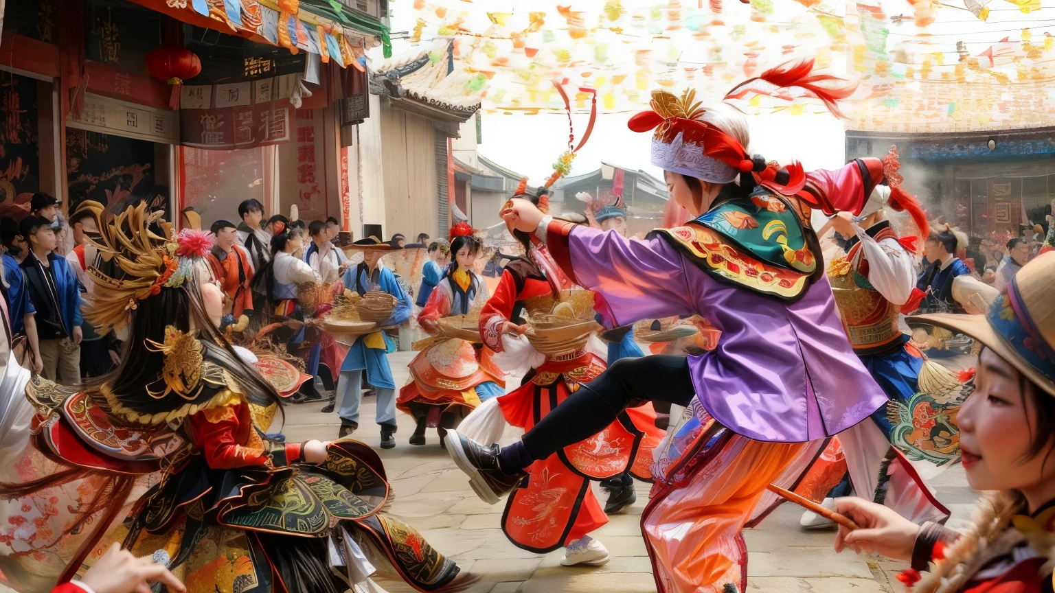 a group of people,身穿National costumes of southern Fujian,Ethnic costume depiction,on the street,lively,sing and dance,Traditional Culture,festive atmosphere,Lanterns and festoons,Dance,National costumes of southern Fujian,Ultra-clear realism