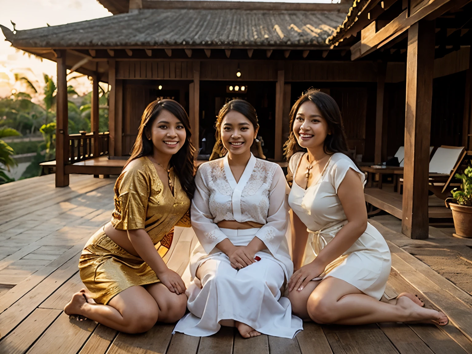 Closeup photo of 5 javanese woman: 2 long haired, 2 short haired, 1 full figured, wearing traditional white Thai long sheer abaya and long batik sarong skirt , smiling, laughing, cheerful sitting pose, outdoor terrace of a traditional Balinese wooden house, afternoon, sunset, golden hour