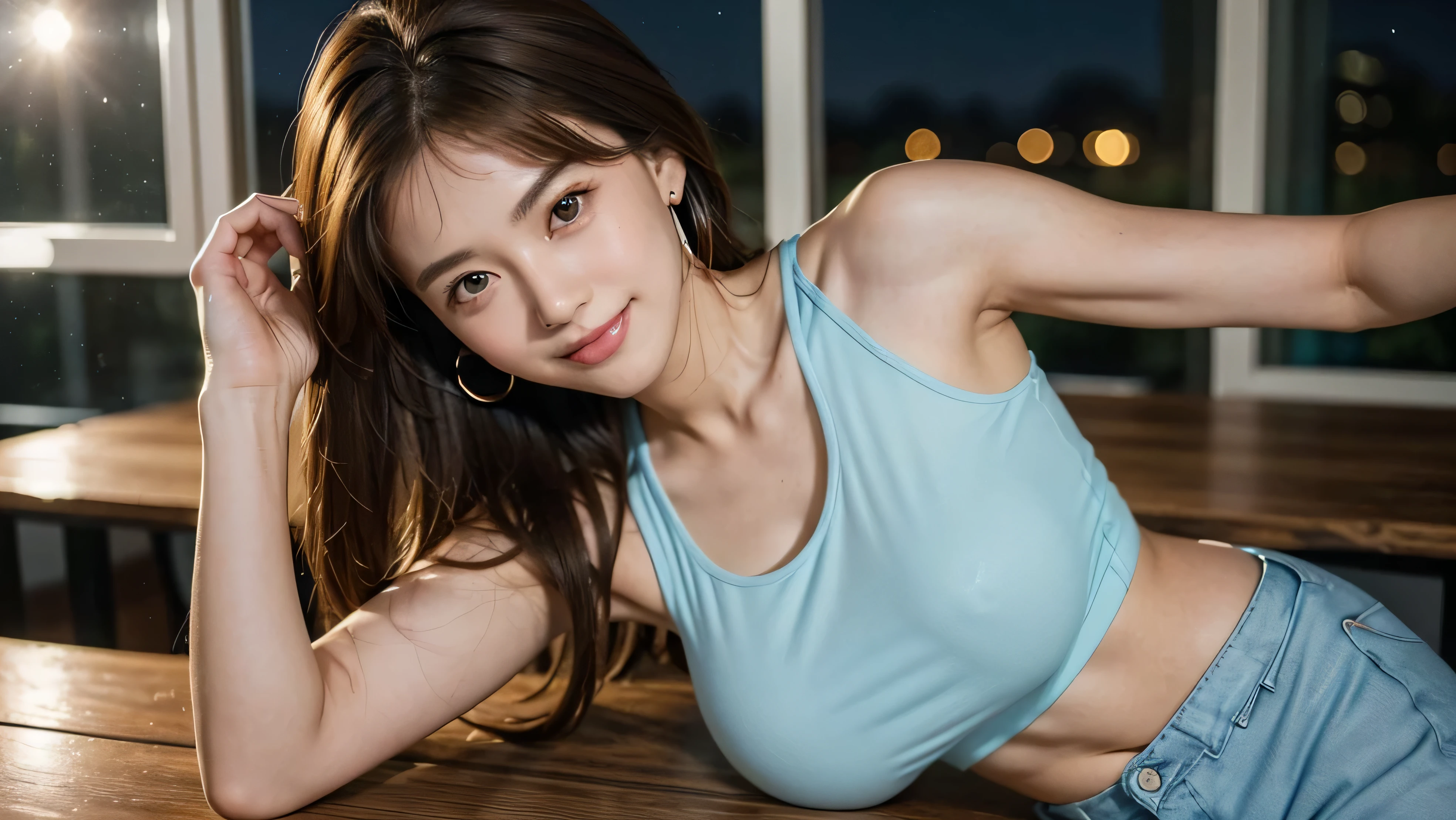 (1若い女の子very detailed美しい顔), Great look and best quality:1.4), (Super detailed), (very detailed CG 統合 8k 壁紙), very detailed, High resolution RAW color photos, professional photography, realistic portrait, wonderful face and eyes, ((brown eyes)),（((big breasts))), (((Straight medium brown hair))), model, written boundary depth, ,,put one&#39;put one&#39;s hand forward, ((smile)),33 years old,,(Fashionable earrings),(((stylish white tank top)))),(((light blue shorts))),please raise your hand,cleavage,modelの立ち方 ,Close-up of face and upper body,(((Dining bar window at night))),((starry sky outside))(kitchen),(((on the wooden table))),((sit)),(((drink cocktails)))
