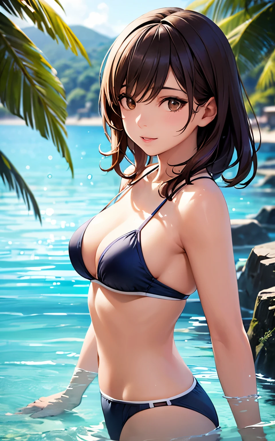 best quality, cute girl, resort island, bright sun, smooth skin, lively atmosphere, realistic, digital painting, refreshing water, energetic atmosphere, vibrant colors, (colorful swimwear), brown eyes, Upper body is shown,
