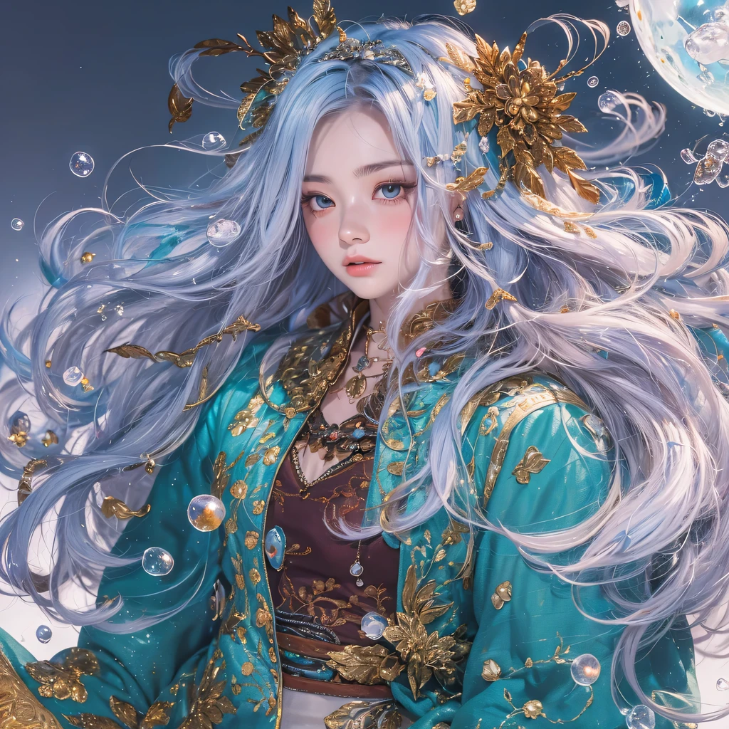 Yellow blue colors,enamel,agate,A flesh-colored world,Blood Blue Maiden 32k(masterpiece,HD,Aoyama Pond,Ultra high quality,32k)long flowing bright blue hair,blood pool,Ziddink, a color,Grumpy (After greeting), (Linen scarf), fighting stance, looking at the ground, long white hair, Floating bright blue, Fire cloud gold headdress, Chinese long-sleeved gold silk burgundy garment, (Abstract metaverse splash:1.2), White background,Peony flower vitality protector(realistically:1.4),bright purple hair,Smoke on the road,The background is very pure, high resolution, detail, RAW photos, Sharp Re, Nikon D850 film photo by Jefferies Lee 4 Kodak Portra 400 camera F1.6 guns, colorful, Ultra-realistic and vivid textures, dramatic lighting, Unreal Engine Art Station Trend, Sinest 800,一个有着long flowing bright blue hair的女孩,huge colorful bubbles