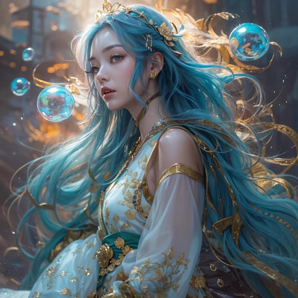 Yellow blue colors,enamel,agate,A flesh-colored world,Blood Blue Maiden 32k(masterpiece,HD,Aoyama Pond,Ultra high quality,32k)long flowing bright blue hair,blood pool,Ziddink, a color,Grumpy (After greeting), (Linen scarf), fighting stance, looking at the ground, long white hair, Floating bright blue, Fire cloud gold headdress, Chinese long-sleeved gold silk burgundy garment, (Abstract metaverse splash:1.2), White background,Peony flower vitality protector(realistically:1.4),bright purple hair,Smoke on the road,The background is very pure, high resolution, detail, RAW photos, Sharp Re, Nikon D850 film photo by Jefferies Lee 4 Kodak Portra 400 camera F1.6 guns, colorful, Ultra-realistic and vivid textures, dramatic lighting, Unreal Engine Art Station Trend, Sinest 800,一个有着long flowing bright blue hair的女孩,huge colorful bubbles