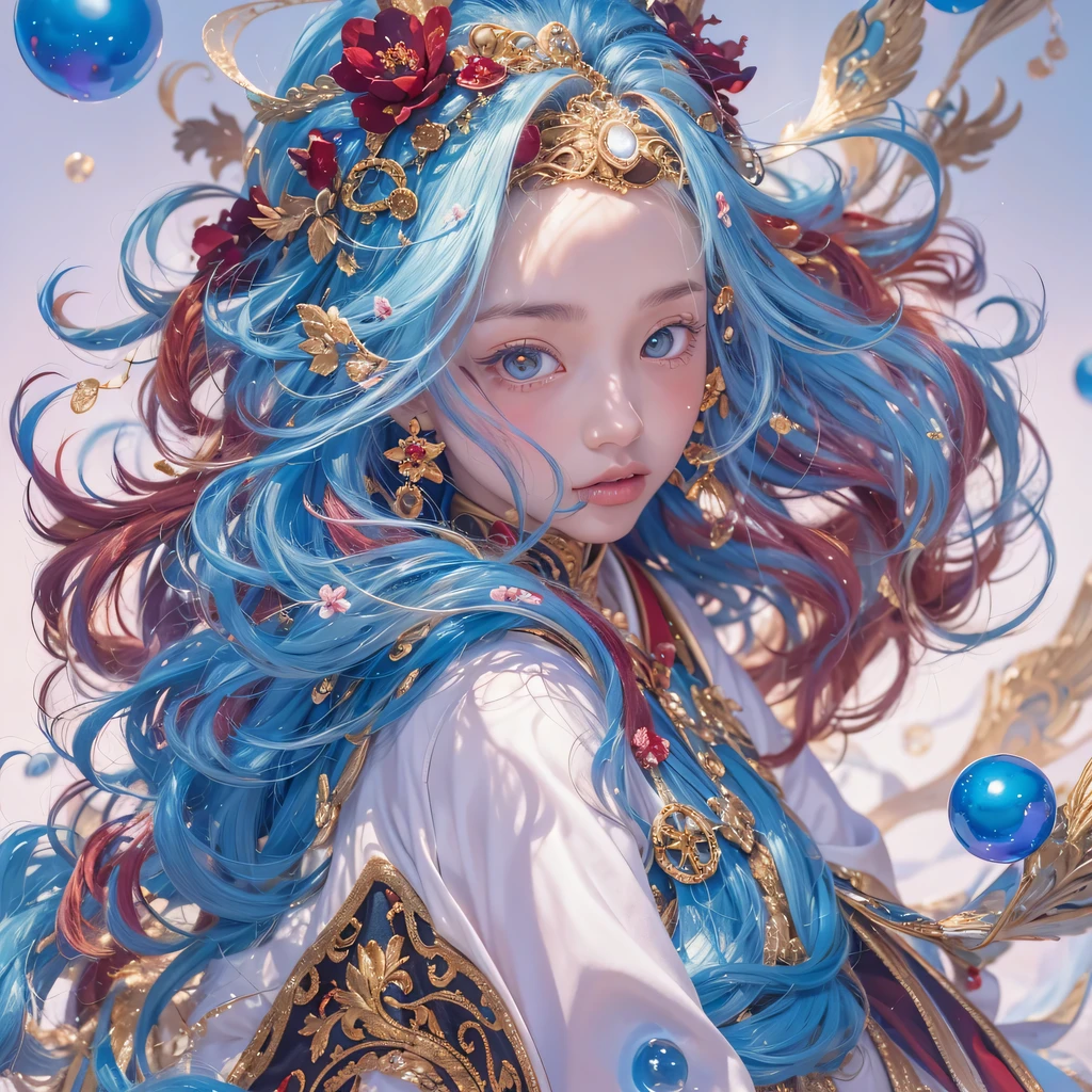 Yellow blue colors,enamel,agate,A flesh-colored world,Blood Blue Maiden 32k(masterpiece,HD,Aoyama Pond,Ultra high quality,32k)long flowing bright blue hair,blood pool,Ziddink, a color,Grumpy (After greeting), (Linen scarf), fighting stance, looking at the ground, long white hair, Floating bright blue, Fire cloud gold headdress, Chinese long-sleeved gold silk burgundy garment, (Abstract metaverse splash:1.2), White background,Peony flower vitality protector(realistically:1.4),bright purple hair,Smoke on the road,The background is very pure, high resolution, detail, RAW photos, Sharp Re, Nikon D850 film photo by Jefferies Lee 4 Kodak Portra 400 camera F1.6 guns, colorful, Ultra-realistic and vivid textures, dramatic lighting, Unreal Engine Art Station Trend, Sinest 800,一个有着long flowing bright blue hair的女孩,huge colorful bubbles