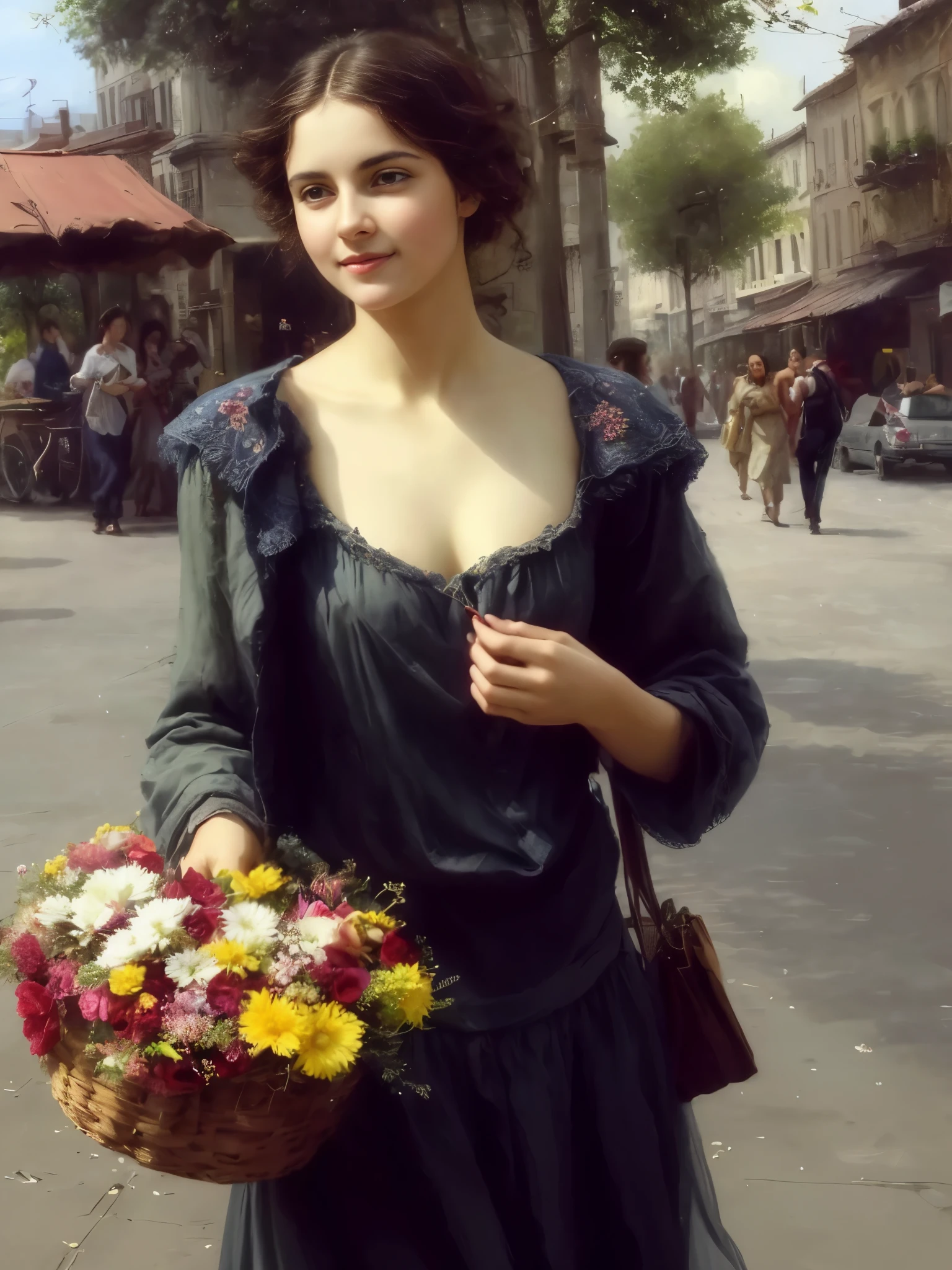 (best quality,4k,highres,masterpiece:1.2),ultra-detailed,realistic:1.37,painting of a woman holding a basket of flowers on a city street,carrying flowers,gorgeous woman,art of Pino Daeni,beautiful girl,Pino Daeni's style,cityscape with vibrant colors,vintage streets,old-fashioned dress,blooming flowers,bustling atmosphere,romantic ambiance,sunlit scene,soft sunlight casting shadows on the ground,captivating gaze,detailed facial features,natural-looking curls,delicate brushstrokes,impressionistic touch,classical artistry,charming smile,expressive eyes,feminine beauty,fine details,onlookers admiring the woman and the flowers,fluttering dress in the wind,graceful and confident posture,glowing skin tones,warm color palette,evoking a sense of nostalgia,harmonious composition,filled with life and vitality,vibrant street vendors in the background,bustling city life,joyful and serene atmosphere