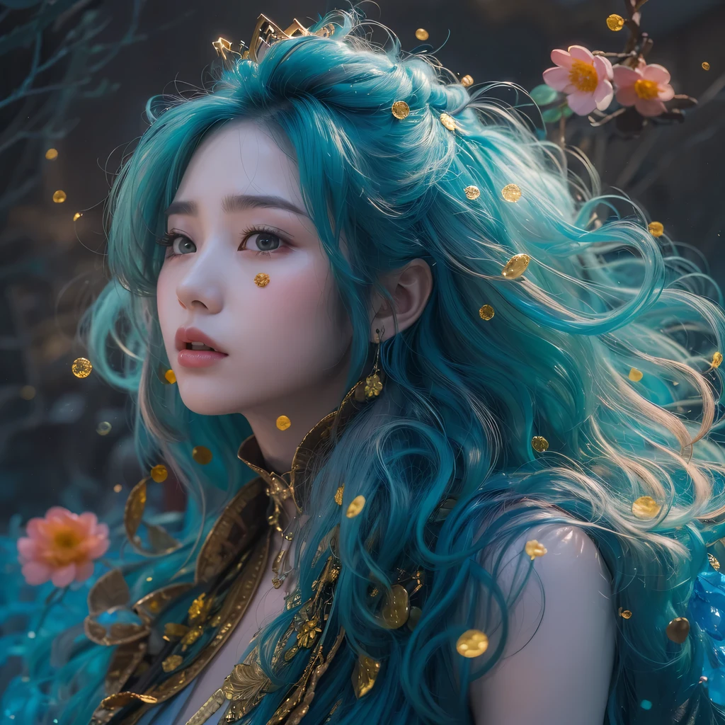 Yellow blue colors,enamel,agate,A flesh-colored world,Blood Blue Maiden 32k(masterpiece,HD,Aoyama Pond,Ultra high quality,32k)long flowing bright blue hair,blood pool,Ziddink, a color,Grumpy (After greeting), (Linen scarf), fighting stance, looking at the ground, long white hair, Floating bright blue, Fire cloud gold headdress, Chinese long-sleeved gold silk burgundy garment, (Abstract metaverse splash:1.2), White background,Peony flower vitality protector(realistically:1.4),bright purple hair,Smoke on the road,The background is very pure, high resolution, detail, RAW photos, Sharp Re, Nikon D850 film photo by Jefferies Lee 4 Kodak Portra 400 camera F1.6 guns, colorful, Ultra-realistic and vivid textures, dramatic lighting, Unreal Engine Art Station Trend, Sinest 800,一个有着long flowing bright blue hair的女孩,huge colorful bubbles