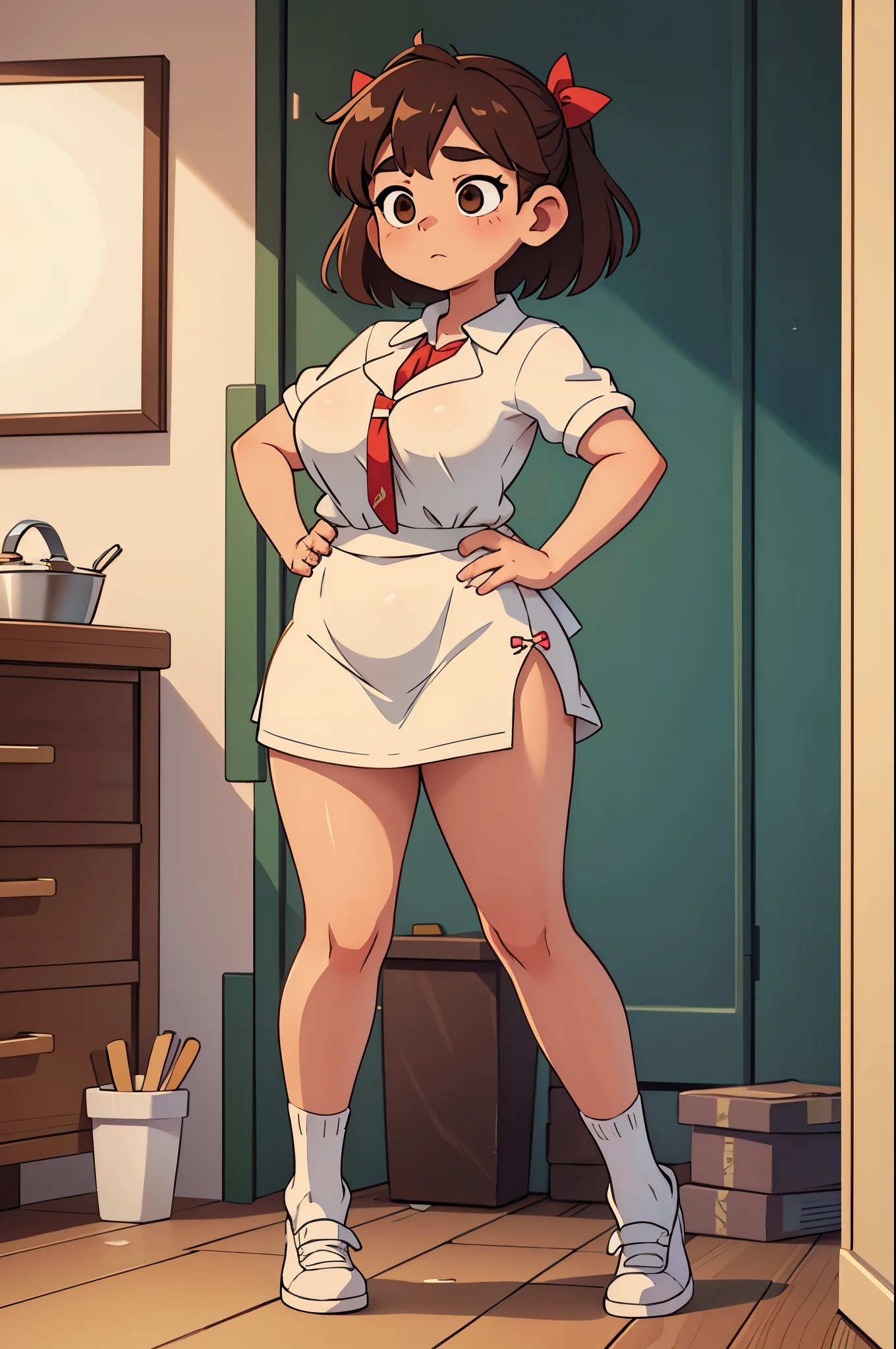 Drawing of a pudgy teen of late adolescence with rosy cheeks; brown eyes; muscular, toned, athletic, veiny, very thick, fat, Rubenesque chubby legs and feet; creamy blonde hairs. Her fat legs have varicose veins. She is in a white dress with a prominent bow on her waist; she is wearing black dress shoes. She is standing in a kitchen on her phone. Her panties are visible between her legs.