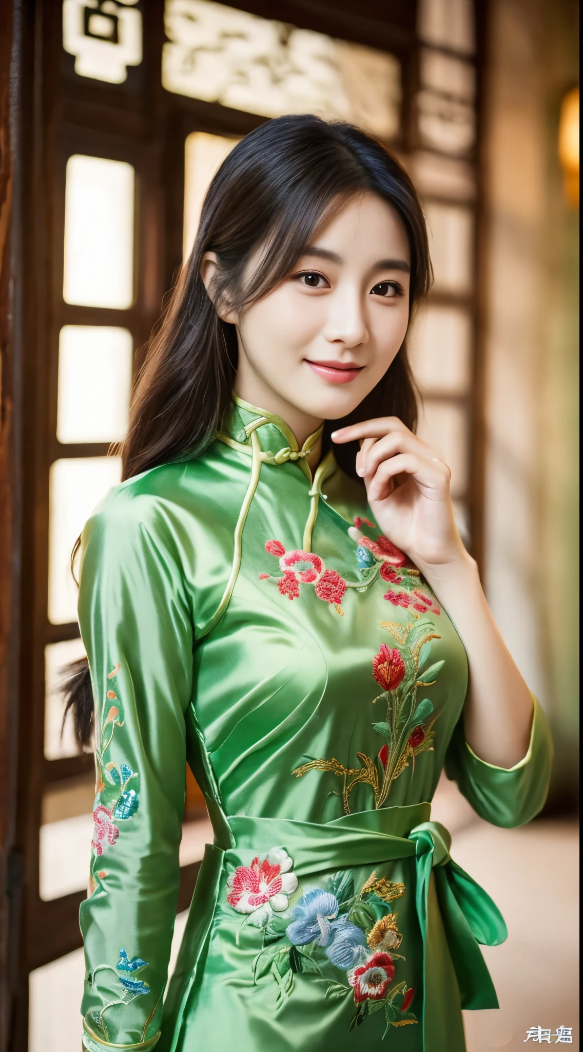 ulzzang-6500-v1.1,(Masterpiece, BestQuality:1.3),(Top image quality,8K:1.3),Realistic high-quality photos,top-quality,Real, Photorealistic, 8K, japanese, Delicate beautiful girl,Very nice atmosphere with sparkling eyes,20yo, Attractive eyes and moist lips,long black hair,(smile:1.3),detailed depiction of the face,Detailed description of facial features ,fine detail,Detailed depiction of hair,My body is bumpy,Detailed depiction of hands,detailed costumes,perfect face,4 fingers and 1 thumb:1.3),orthofacial,choker necklace,ear drops, works of masters,extremely close to reality,(full body photo:1.5),best image quality,best quality,endless details,(((Beautiful patterned embroidered Chinese dress 1.3))),((green silk cheongsam))),(ancient courtyard scene:1.3),laughter, small of the waist, sexy pose,bold pose, Beautiful legs visible through the slit of a long skirt, big and full breasts, neatly tied hair