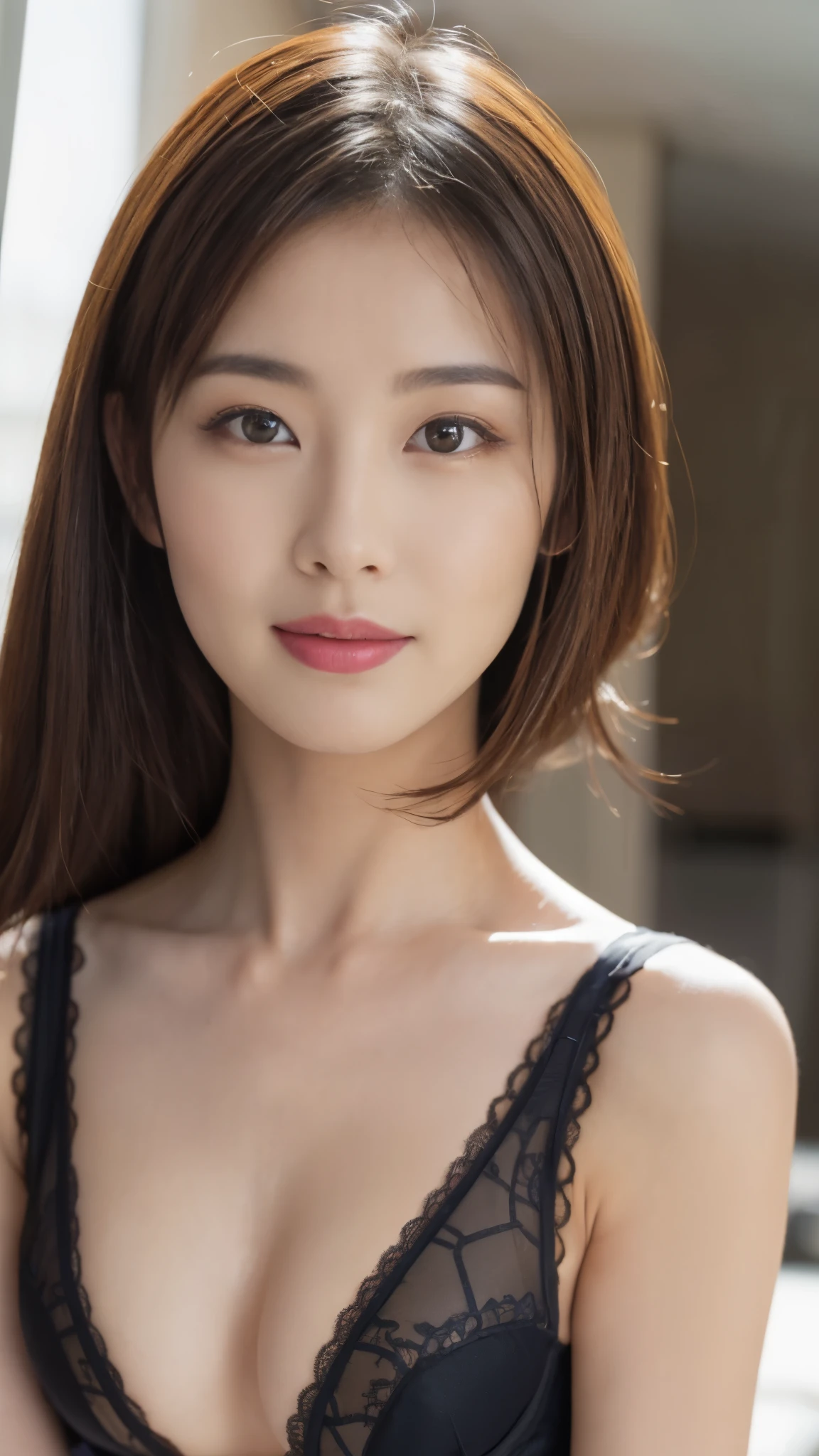 ((Best picture quality, 8K, tmasterpiece:1.3)), 1girll, Beautiful woman with slender abs:1.3, (Casual hairstyle, :1.2), Wear sexy low-cut bras,Super large,The skin is very white,Underwear color random,Ultra-fine face, A detailed eye, 二重まぶた,ssmile。Take pictures in cute poses,The figure is very bad,tiny small waist,Super big breasts,Close-up,Close-up chest,White-skinned,The background is casual,Close-up Shot Shot