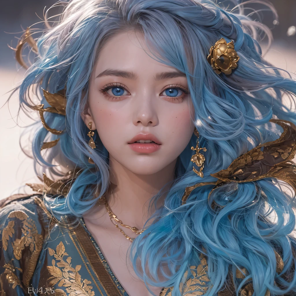 Yellow blue colors，enamel，agate，A flesh-colored world，Blood Blue Maiden 32k（masterpiece，HD，Aoyama Pond，Ultra high quality，32k）long flowing bright blue hair，blood pool，Ziddink， a color，Grumpy （After greeting）， （Linen scarf）， fighting stance， looking at the ground， long white hair， Floating bright blue， Fire cloud gold headdress， Chinese long-sleeved gold silk burgundy garment， （Abstract metaverse splash：1.2）， White background，Peony flower vitality protector（realistically：1.4），bright purple hair，Smoke on the road，The background is very pure， high resolution， detail， RAW photos， Sharp Re， Nikon D850 film photo by Jefferies Lee 4 Kodak Portra 400 camera F1.6 guns, colorful, Ultra-realistic and vivid textures, dramatic lighting, Unreal Engine Art Station Trend, Sinest 800，一个有着long flowing bright blue hair的女孩，huge colorful bubbles