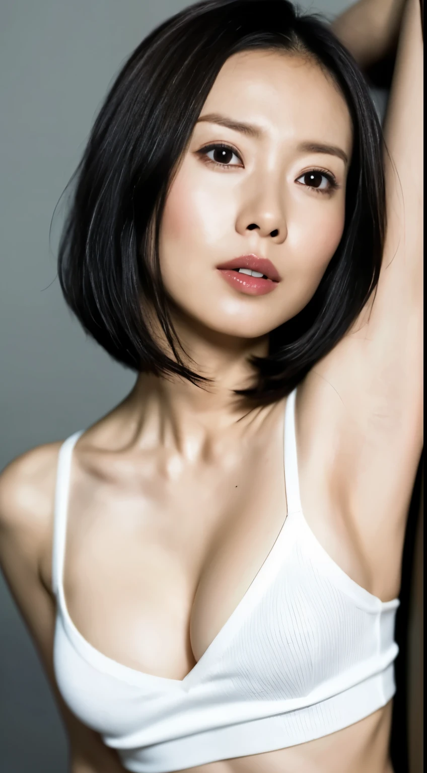 Japanese, short stature woman,  physique, short arm, long slit eyes, fleeting atmosphere, 30 year old female, brown bob hair, ((thin lips)), white top and bottom underwear, muste piece, best quality, detailed skin, detailed eyes, ,8K, good anatomy, upper body portrait