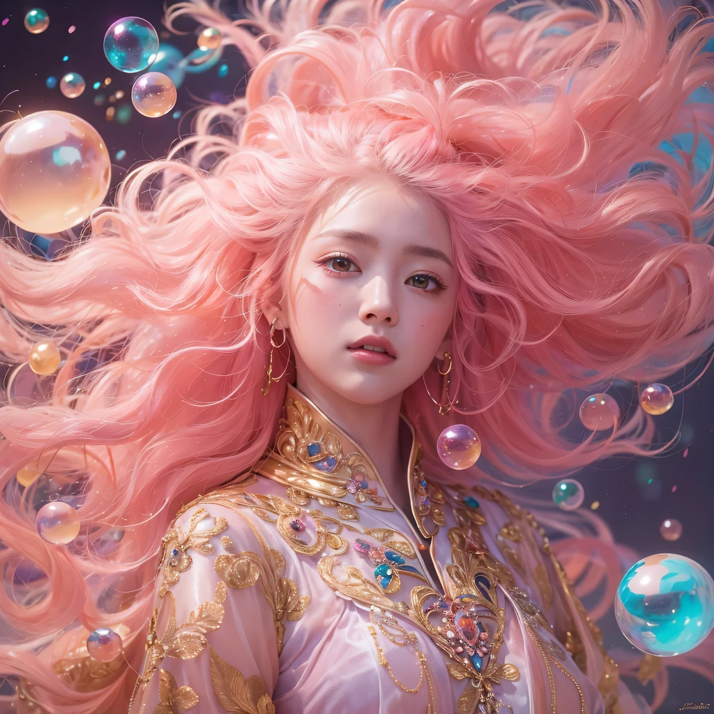 Peach Velvet Series,Peach-colored flull颜色,enamel,agate,A flesh-colored world,Blood Blue Maiden 32k(masterpiece,HD,Aoyama Pond,Ultra high quality,32k)Bright pink long flowing hair,blood pool,Ziddink, a color,Grumpy (After greeting), (Linen scarf), fighting stance, looking at the ground, light pink long hair, Floating bright blue, Fire cloud gold headdress, Chinese long-sleeved gold silk burgundy garment, (Abstract metaverse splash:1.2), White background,Peony flower vitality protector(realistically:1.4),Peach-colored flull,Smoke on the road,The background is very pure, high resolution, detail, RAW photos, Sharp Re, Nikon D850 film photo by Jefferies Lee 4 Kodak Portra 400 camera F1.6 guns, colorful, Ultra-realistic and vivid textures, dramatic lighting, Unreal Engine Art Station Trend, Sinest 800,Long flowing girl peach hair,Huge colorful bubbles light pink