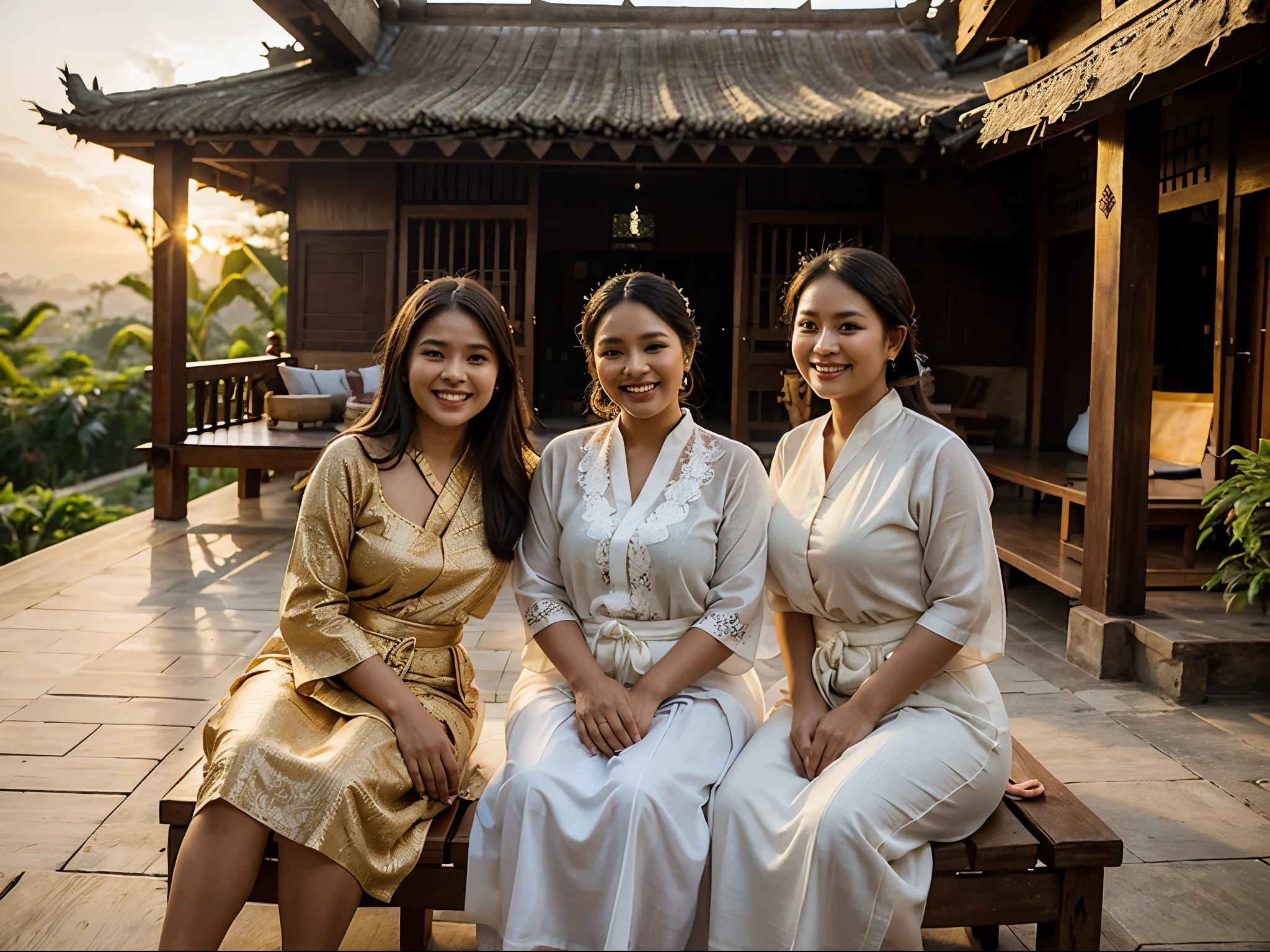 Closeup photo of 5 javanese woman: 2 long haired, 2 short haired, 1 full figured, wearing traditional white Thai long sheer abaya and long batik sarong skirt , smiling, laughing, cheerful sitting pose, outdoor terrace of a traditional Balinese wooden house, afternoon, sunset, golden hour