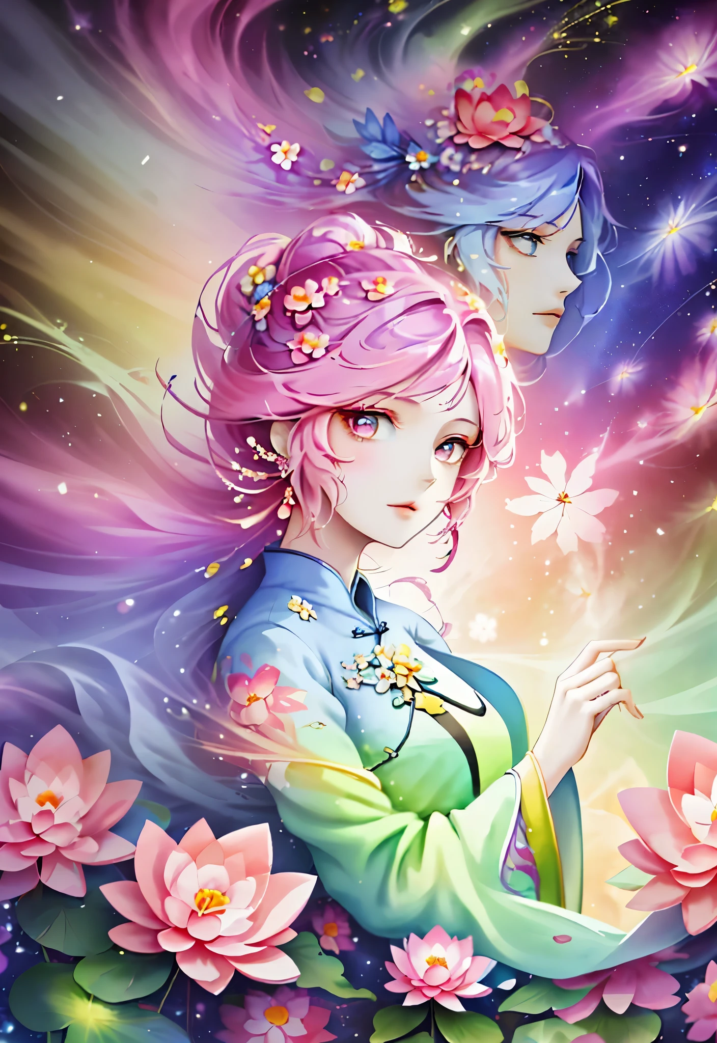 Close-up of a person with long hair and colorful hair, colorful braids, Pink ponytail hair and cyan eyes, anime style 4 K, beautiful anime style, Cosmic hair anime girl, anime art style, young anime girl, beautiful anime art style, anime style. 8k, long hair anime girl, beautiful anime girl, Beautiful anime portrait (masterpiece, top quality, best quality, official art, Beauty and Aesthetics: 1.2), (1 girl: 1.3), Very detailed, (Fractal art: 1.1), (color: 1.1) (flowers: 1.3), most detailed, (tangled: 1.2), (dynamic poses), (abstract background: 1.3), ( cheongsam:1.2), (skin shiny), (many colors:1.4), ,(earrings:1.4),