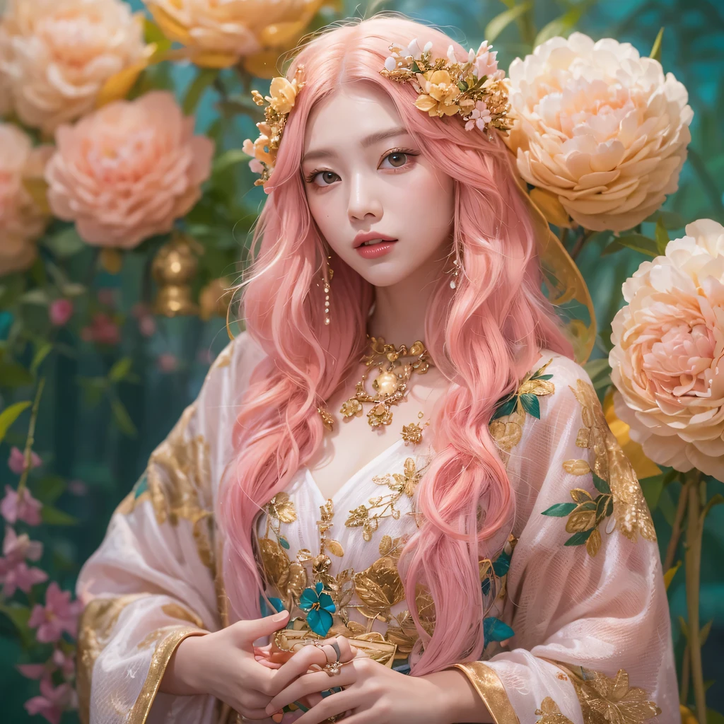 Peach Velvet Series,Peach-colored flull颜色,enamel,agate,A flesh-colored world,Blood Blue Maiden 32k(masterpiece,HD,Aoyama Pond,Ultra high quality,32k)Bright pink long flowing hair,blood pool,Ziddink, a color,Grumpy (After greeting), (Linen scarf), fighting stance, looking at the ground, light pink long hair, Floating bright blue, Fire cloud gold headdress, Chinese long-sleeved gold silk burgundy garment, (Abstract metaverse splash:1.2), White background,Peony flower vitality protector(realistically:1.4),Peach-colored flull,Smoke on the road,The background is very pure, high resolution, detail, RAW photos, Sharp Re, Nikon D850 film photo by Jefferies Lee 4 Kodak Portra 400 camera F1.6 guns, colorful, Ultra-realistic and vivid textures, dramatic lighting, Unreal Engine Art Station Trend, Sinest 800,Long flowing girl peach hair,Huge colorful bubbles light pink