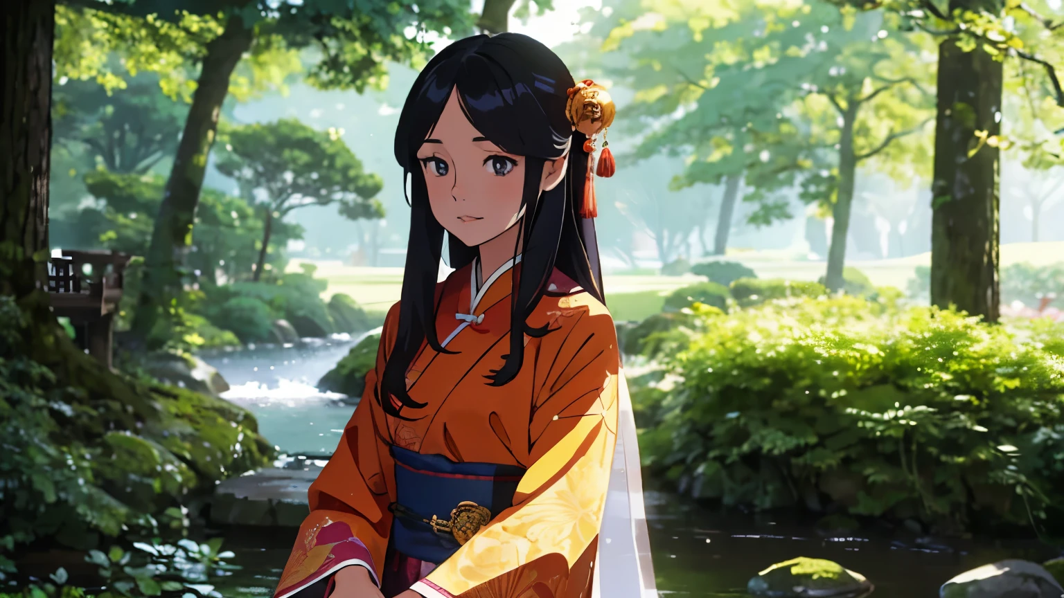 "(best quality,anime-style:1.2),a 11 years-old young girl in traditional Chinese clothes,beautiful detailed eyes,beautiful detailed lips,extremely detailed face,long eyelashes, orange long hair flowing,traditional Chinese clothes with intricate patterns and vibrant colors,delicate embroidery, ornate hair accessories, translucent silk fabric, standing gracefully in a blooming forest and looking proud and slightly arrogant, background filled with forest trees, subtle breeze stirring her hair,creating a sense of elegance and tranquility. Evening golden hour light."