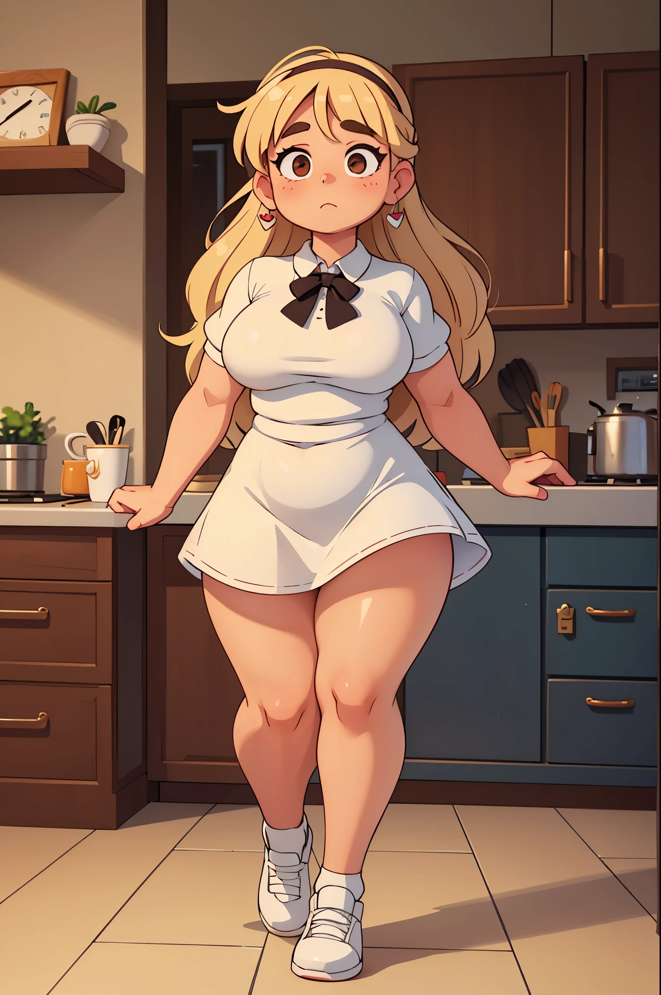 A pudgy teen of late adolescence with rosy cheeks; brown eyes; muscular, toned, athletic, veiny, very thick, fat, Rubenesque chubby legs and feet; creamy blonde hairs. Her fat legs have varicose veins. She is in a white dress with a prominent bow on her waist; she is wearing black dress shoes. She is standing in a kitchen on her phone. Her panties are visible between her legs. Her knees are pressed together, her legs bent.