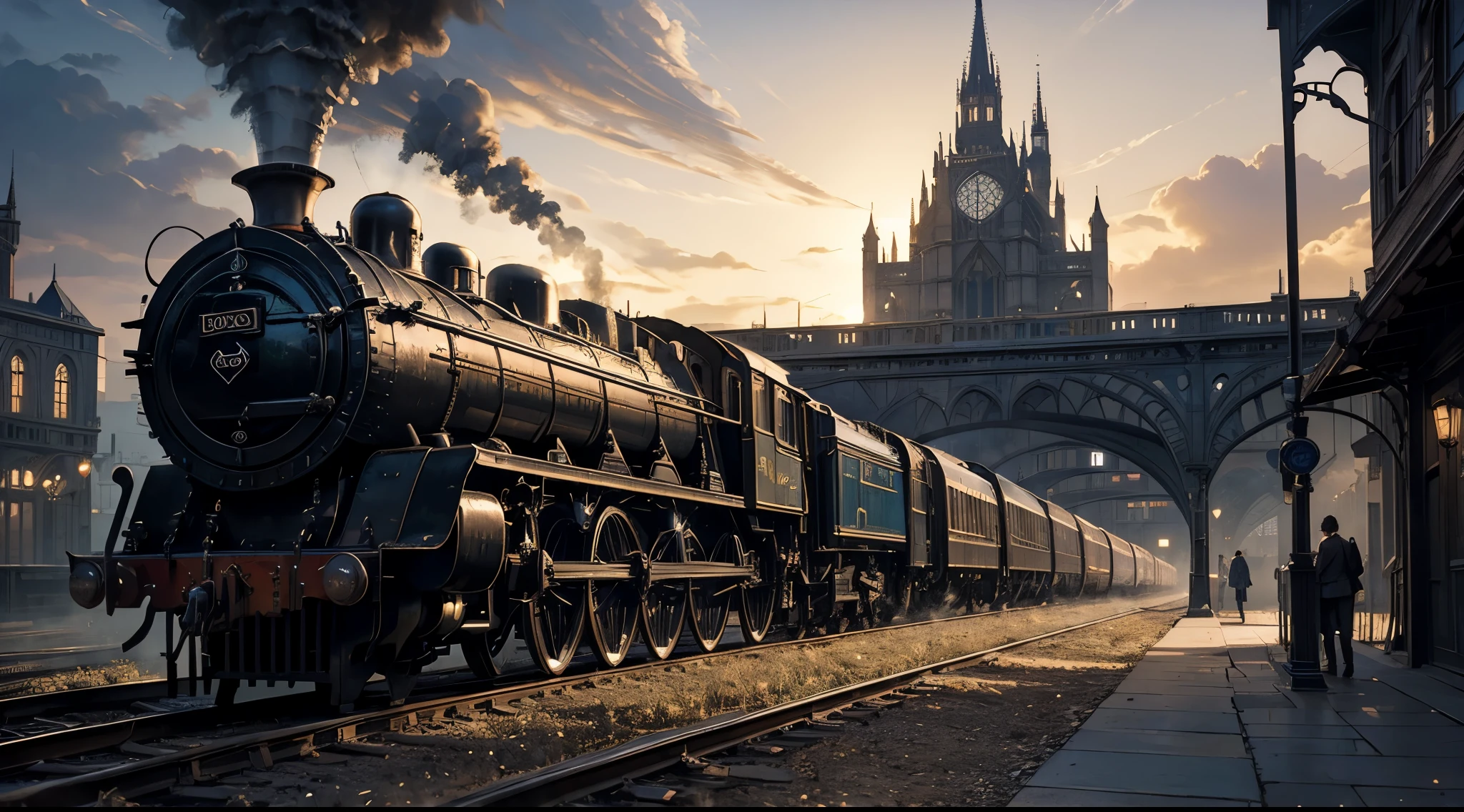 (Masterpiece, BestQuality:1,3),Gothic Architecture ,Steam locomotive, station building,Very realistic photos, detailed, mechanical representation,Dimness at dawn, night fog,city of the future,2200 AD