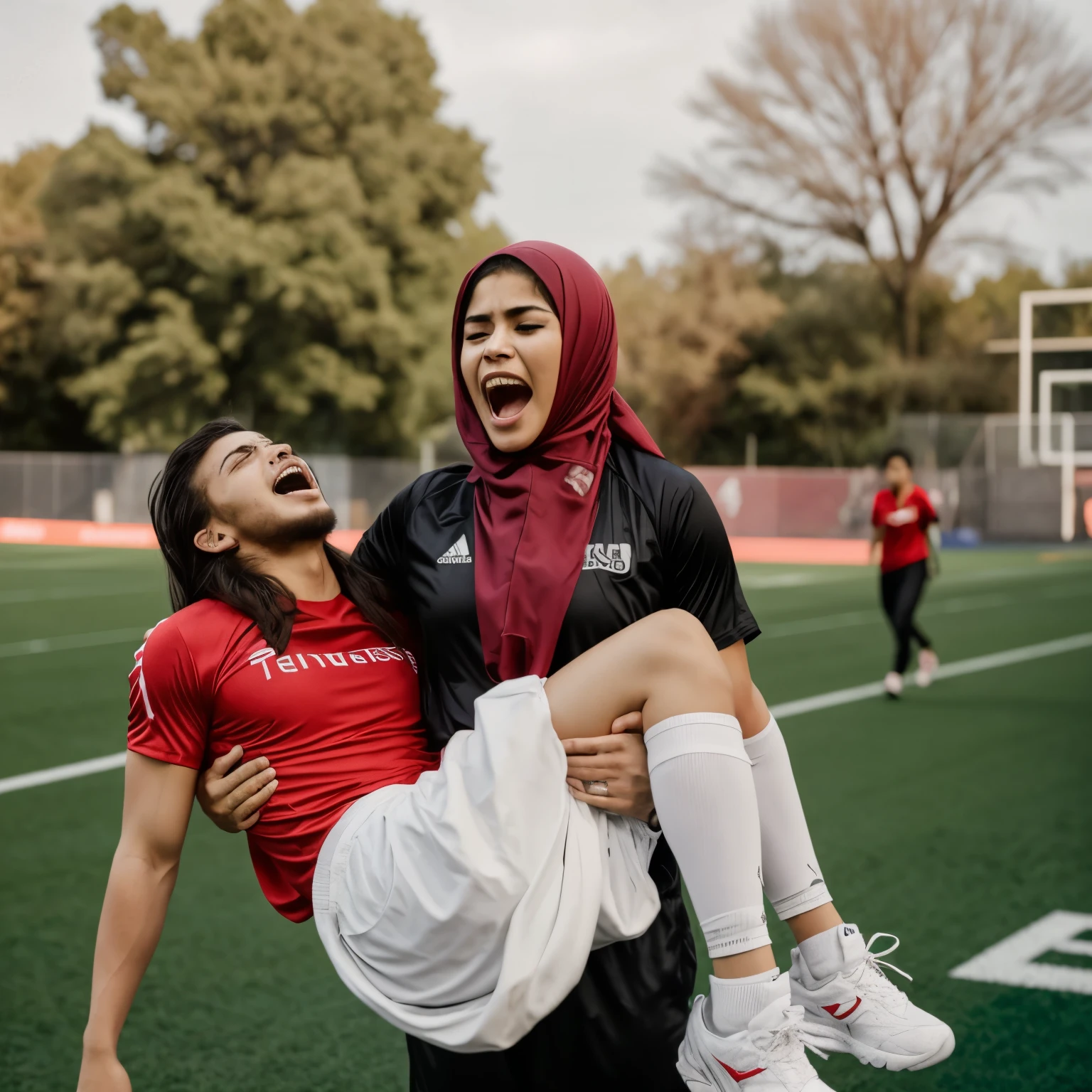 photo, photorealistic, photography, soccer action pose, cradle-carry-pose, first-aid in a sports stadium, affection pose, lecherous action pose, dramatic action pose, theatralic pose, there is a attractive woman that is carrying a wounded athlete, there is a beautiful woman in a shiny black outfit who is carrying a shorthaired young man in her arms, a longhaired beautiful woman in a high-shine black catsuit, a longhaired woman in a shiny black dress, a woman is carrying a shorthaired man who is wearing a matte cotton sports outfitt, a weak man in matte cotton sports shorts is consciousless and needs to be carried, a shorthaired man with closed eyes is carried by a longhaired woman, a woman looks very scared and terrified, a consciousless man with closed eyes is suffering very much and has a very painful face, photo, photo shoot, photographed , accident, help, aid, first aid, pity, an elderly veiled woman screaming loud in desperation and anger, veiled arab woman's face