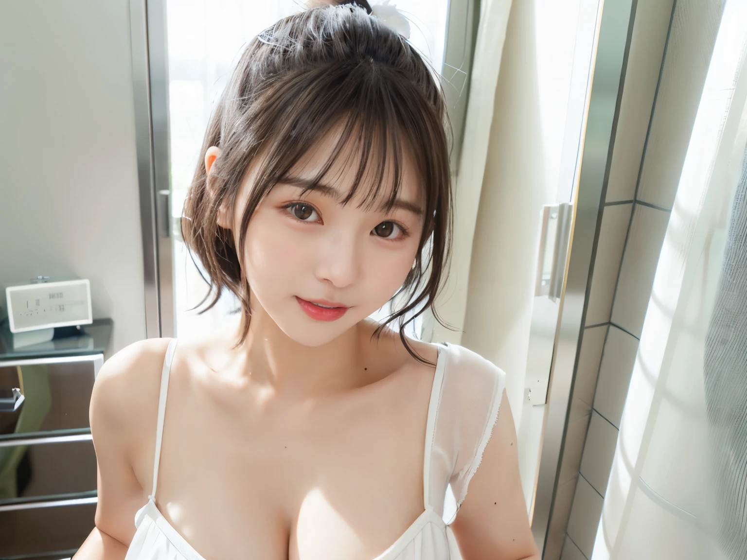 There is a young woman wearing a white dress taking a photo., realistic young gravure idol, Young and cute gravure idol, young gravure idol, young sensual gravure idol, beautiful japanese girl face, Yoshitomo Nara, young slender gravure idol, Chiho, cute cute girl, Cute girl - well-groomed face, cute core