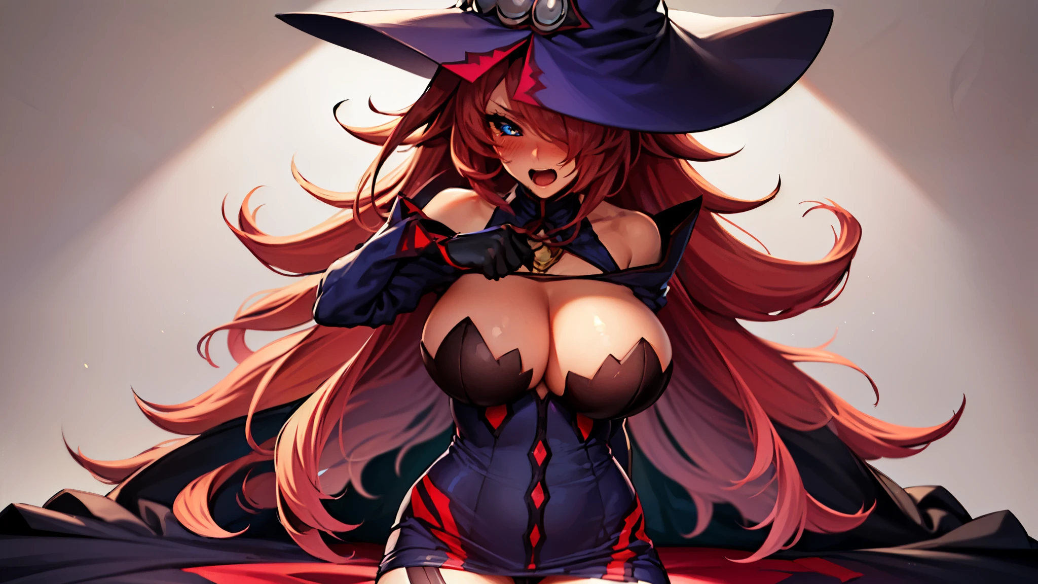 (masterpiece, best quality, high resolution), 1girl, solo, ninems, hat, witch hat, huge breasts, gloves, bare shoulders, cape, thighhighs, black legwear, ((embarrassed,trembling,open mouth,stare at viewer with stern eyes,blushing,happy,)), blue eyes,Watch the Viewer