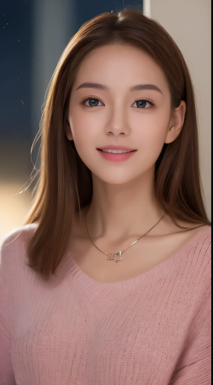 ((night, realistic light, highest quality, 8k, masterpiece: 1.3)), 1 girl, slim beauty: 1.4, abs: 1.1, (brown hair, medium breasts: 1.3), pink long sweater: 1.1, Bathroom, super detailed face, delicate eyes, double eyelid, smile, necklace
