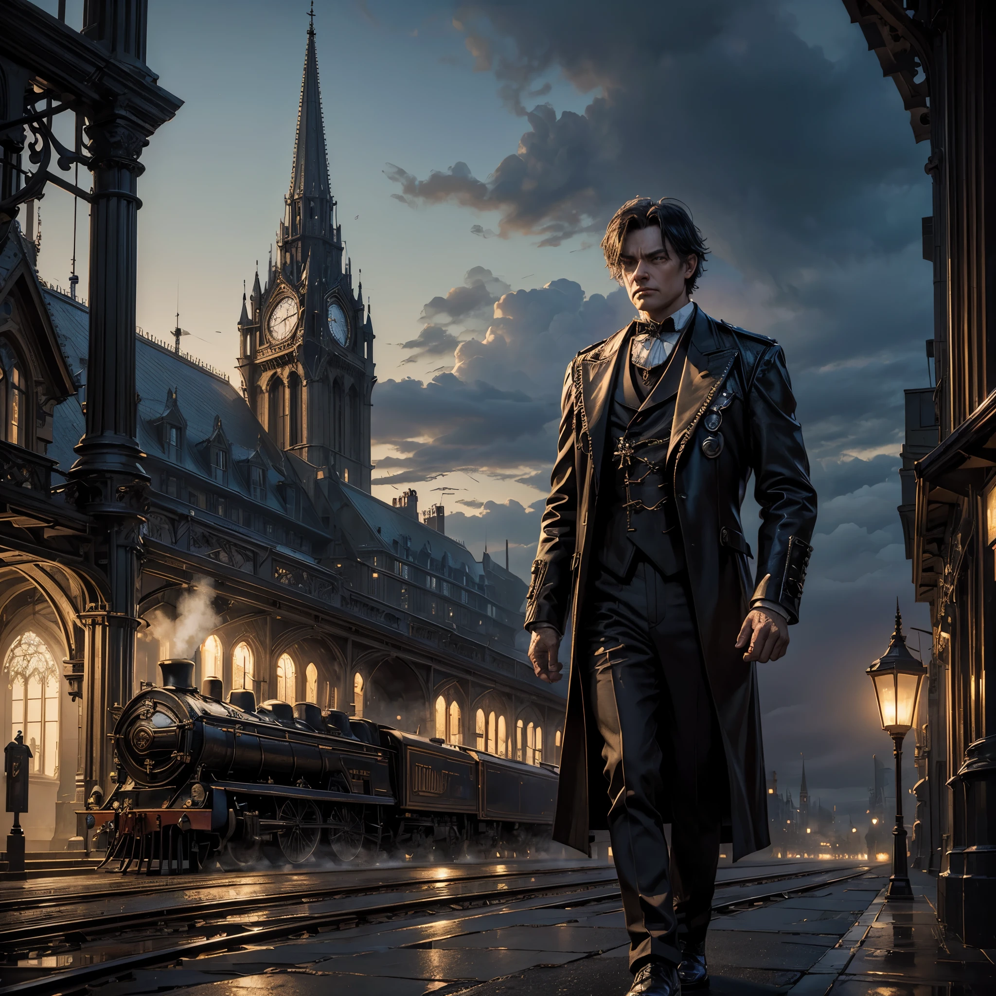 (Masterpiece, BestQuality:1,3),Gothic Architecture ,Steam locomotive, station building,Very realistic photos, detailed, mechanical representation,Dimness at dawn, night fog,city of the future,2200 AD