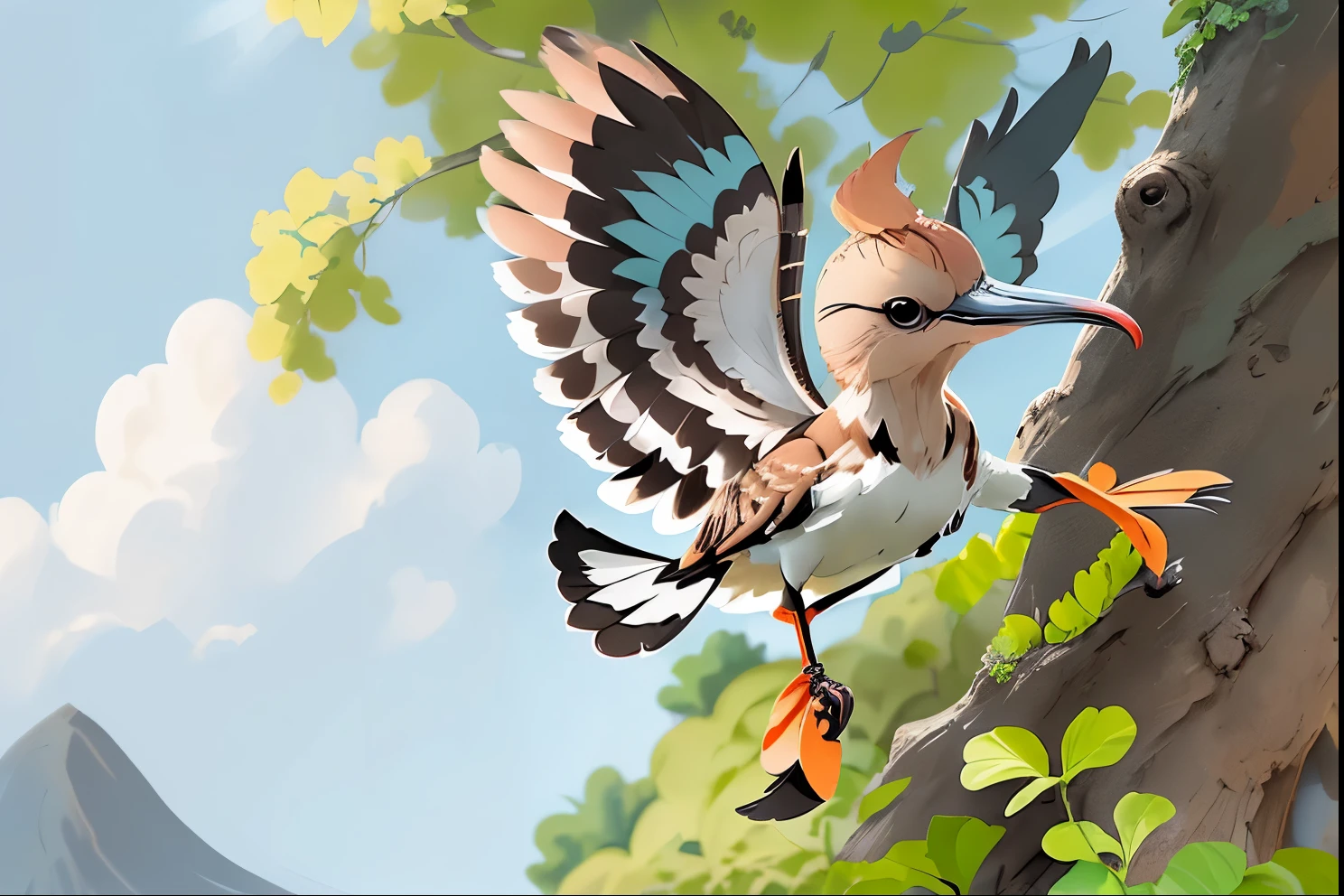 A hoopoe flaps its wings,The expression is cheerful,Cartoon image,Personification,