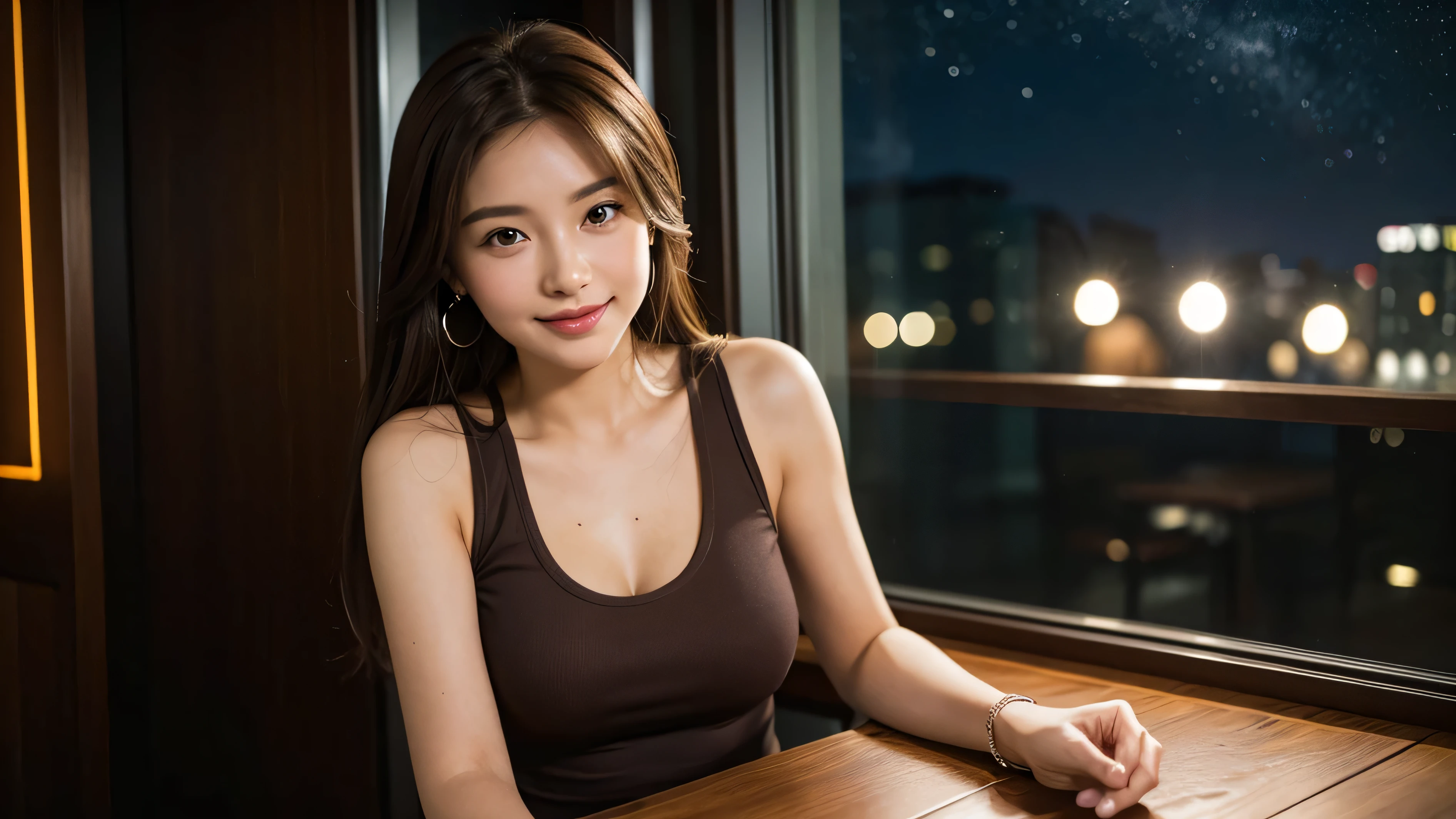 (1若い女の子very detailed美しい顔), Great look and best quality:1.4), (Super detailed), (very detailed CG 統合 8k 壁紙), very detailed, High resolution RAW color photos, professional photography, realistic portrait, wonderful face and eyes, ((brown eyes)),(((big breasts))), (((Straight medium brown hair))), model, written boundary depth, ,,put one'put one's hand forward, ((smile)),33 years old,,(Fashionable earrings),(((Stylish red tank top)))),((thin black shorts)),Riding on the elbow,cleavage,足を開いてsit,,(((Dining bar window at night))),((starry sky outside))(kitchen),(((on the wooden table))),((sit)),(((drink cocktails)))