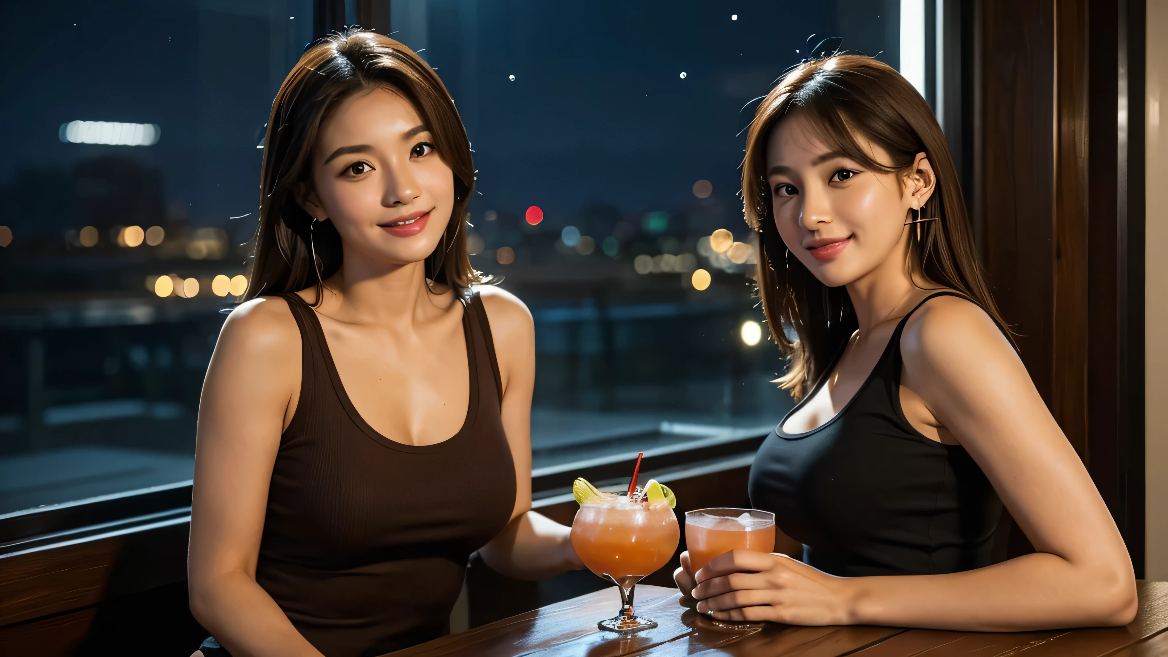 (1若い女の子very detailed美しい顔), Great look and best quality:1.4), (Super detailed), (very detailed CG 統合 8k 壁紙), very detailed, High resolution RAW color photos, professional photography, realistic portrait, wonderful face and eyes, ((brown eyes)),(((big breasts))), (((Straight medium brown hair))), model, written boundary depth, ,,put one'put one's hand forward, ((smile)),33 years old,,(Fashionable earrings),(((Stylish red tank top)))),((thin black shorts)),Riding on the elbow,cleavage,足を開いてsit,,(((Dining bar window at night))),((starry sky outside))(kitchen),(((on the wooden table))),((sit)),(((drink cocktails)))