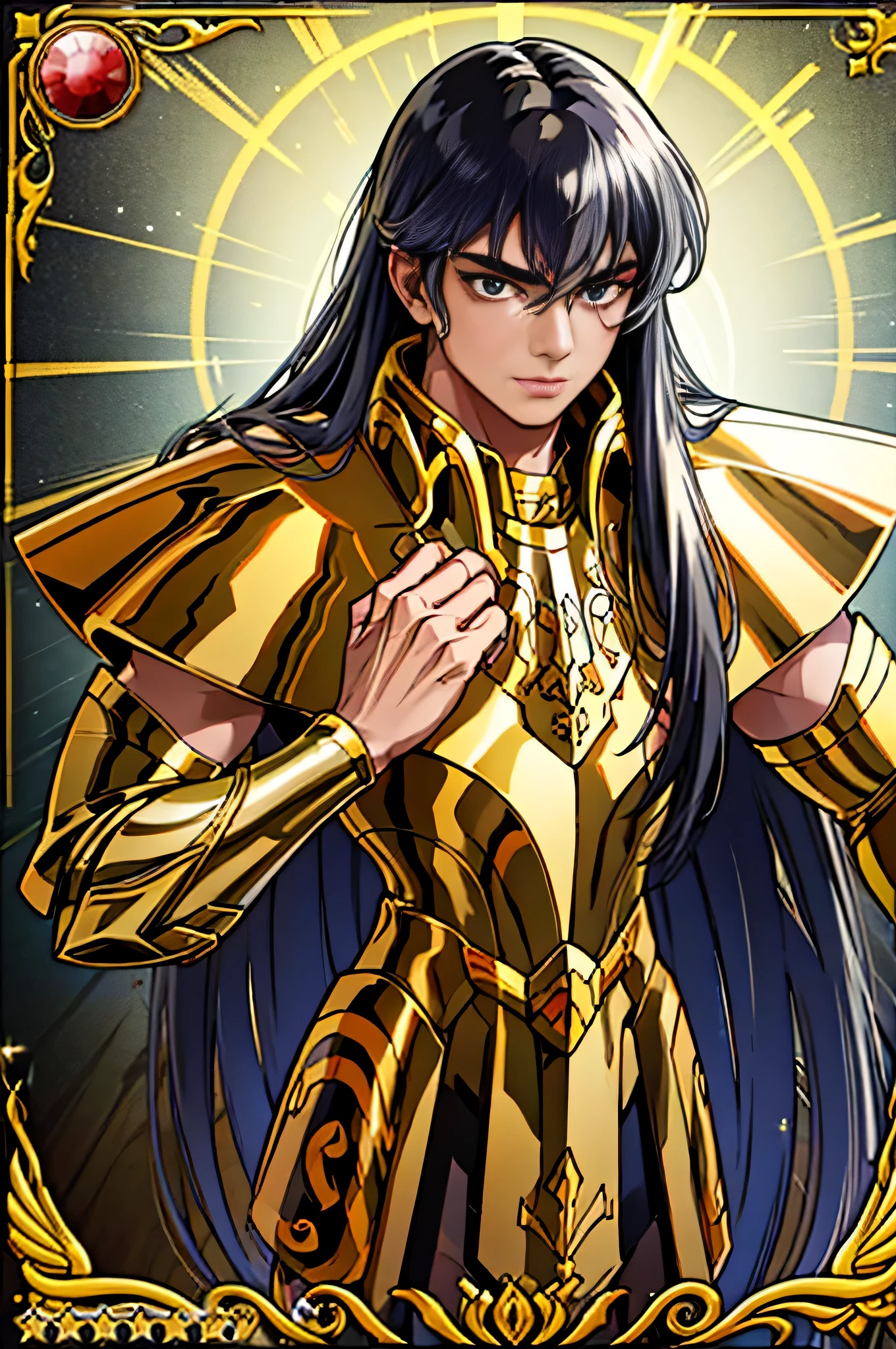 Homem, masculino, Golden Armor, (((((cabelo preto))))), golden cloth, corpo inteiro, majestoso, imagem detalhada, luz perfeita, Ultra definition image, uhd, imagem uhd, black hair, man with black hair