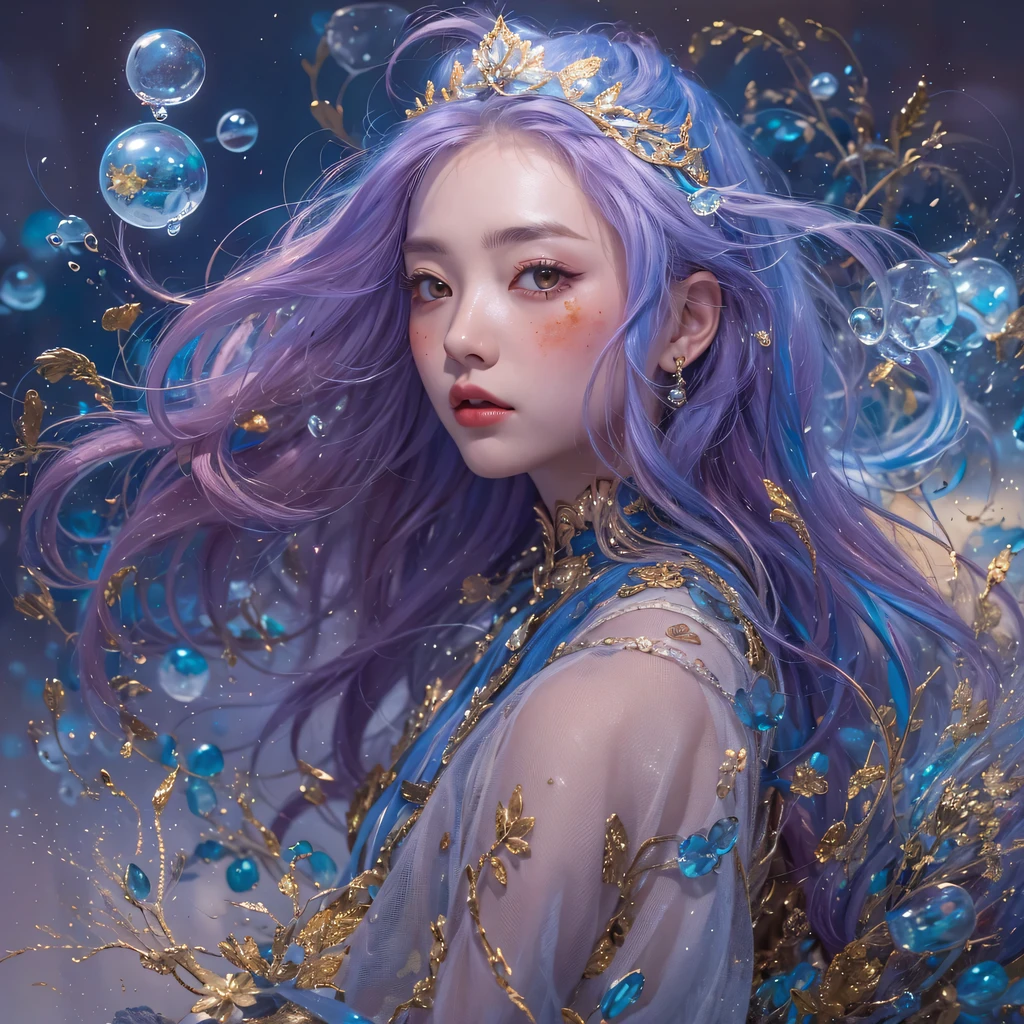 Yellow blue colors,enamel,agate,A flesh-colored world,Blood Blue Maiden 32k(masterpiece,HD,Aoyama Pond,Ultra high quality,32k)long flowing bright blue hair,blood pool,Ziddink, a color,Grumpy (After greeting), (Linen scarf), fighting stance, looking at the ground, long white hair, Floating bright blue, Fire cloud gold headdress, Chinese long-sleeved gold silk burgundy garment, (Abstract metaverse splash:1.2), White background,Peony flower vitality protector(realistically:1.4),bright purple hair,Smoke on the road,The background is very pure, high resolution, detail, RAW photos, Sharp Re, Nikon D850 film photo by Jefferies Lee 4 Kodak Portra 400 camera F1.6 guns, colorful, Ultra-realistic and vivid textures, dramatic lighting, Unreal Engine Art Station Trend, Sinest 800,一个有着long flowing bright blue hair的女孩,huge colorful bubbles