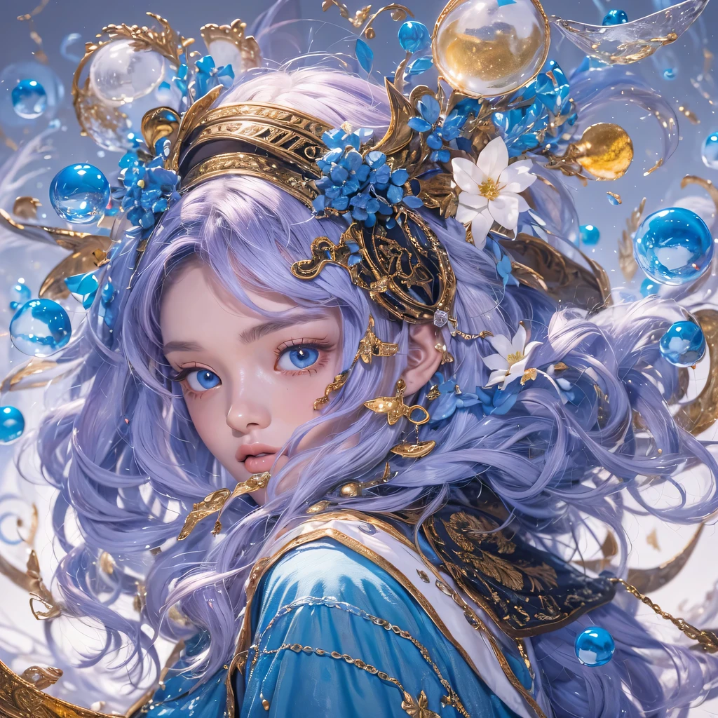 Yellow blue colors，enamel，agate，A flesh-colored world，Blood Blue Maiden 32k（masterpiece，HD，Aoyama Pond，Ultra high quality，32k）long flowing bright blue hair，blood pool，Ziddink， a color，Grumpy （After greeting）， （Linen scarf）， fighting stance， looking at the ground， long white hair， Floating bright blue， Fire cloud gold headdress， Chinese long-sleeved gold silk burgundy garment， （Abstract metaverse splash：1.2）， White background，Peony flower vitality protector（realistically：1.4），bright purple hair，Smoke on the road，The background is very pure， high resolution， detail， RAW photos， Sharp Re， Nikon D850 film photo by Jefferies Lee 4 Kodak Portra 400 camera F1.6 guns, colorful, Ultra-realistic and vivid textures, dramatic lighting, Unreal Engine Art Station Trend, Sinest 800，一个有着long flowing bright blue hair的女孩，huge colorful bubbles