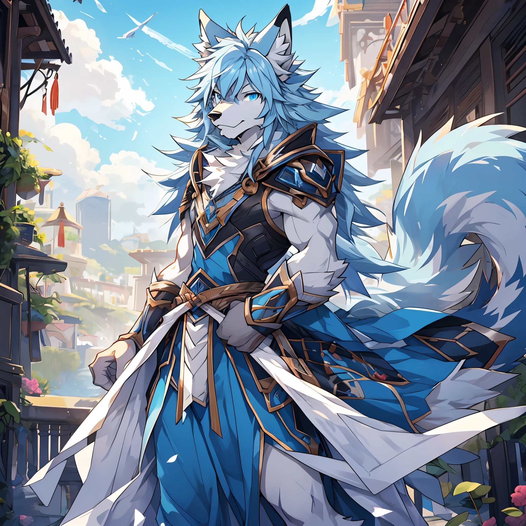 They dress up as two furry animals, Wolf head, wolf tail, male, slim figure, sexy light blue ears, light blue hair, white belly, sky blue pupils, hair on arms, hair on legs, covered in hair all over the body