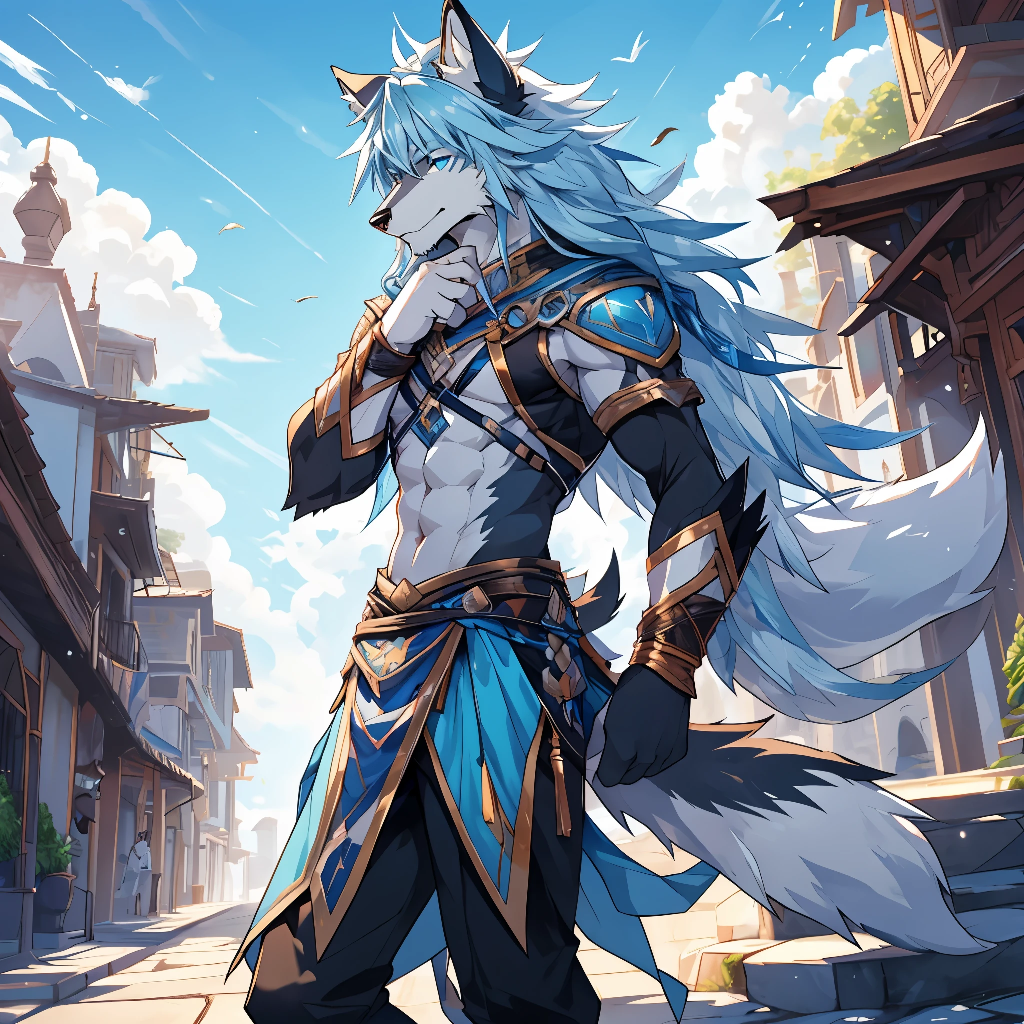 They dress up as two furry animals, Wolf head, wolf tail, male, slim figure, sexy light blue ears, light blue hair, white belly, sky blue pupils, hair on arms, hair on legs, covered in hair all over the body