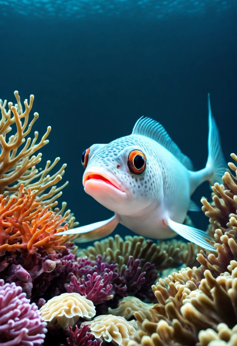 portrait photoréaliste d&#39;Photo d’un poisson  très mignon nageant sur une planète sous-marine , récifs coralliens, atmosphère onirique, eau, plantes, paix, sérénité, océan calme, eau transparente, récifs, poissons, corail, paix intérieure , conscience , silence , nature , évolution –version 3 –s 42000 –uplight –ar 4:3 –no text , blur, Haute qualité,(beau) ,détails complexes, très détaillé ((Costume de ballet)) ,très détaillé tutu, (heureux), éclairage de studio,(Image du corps entier:1.5)