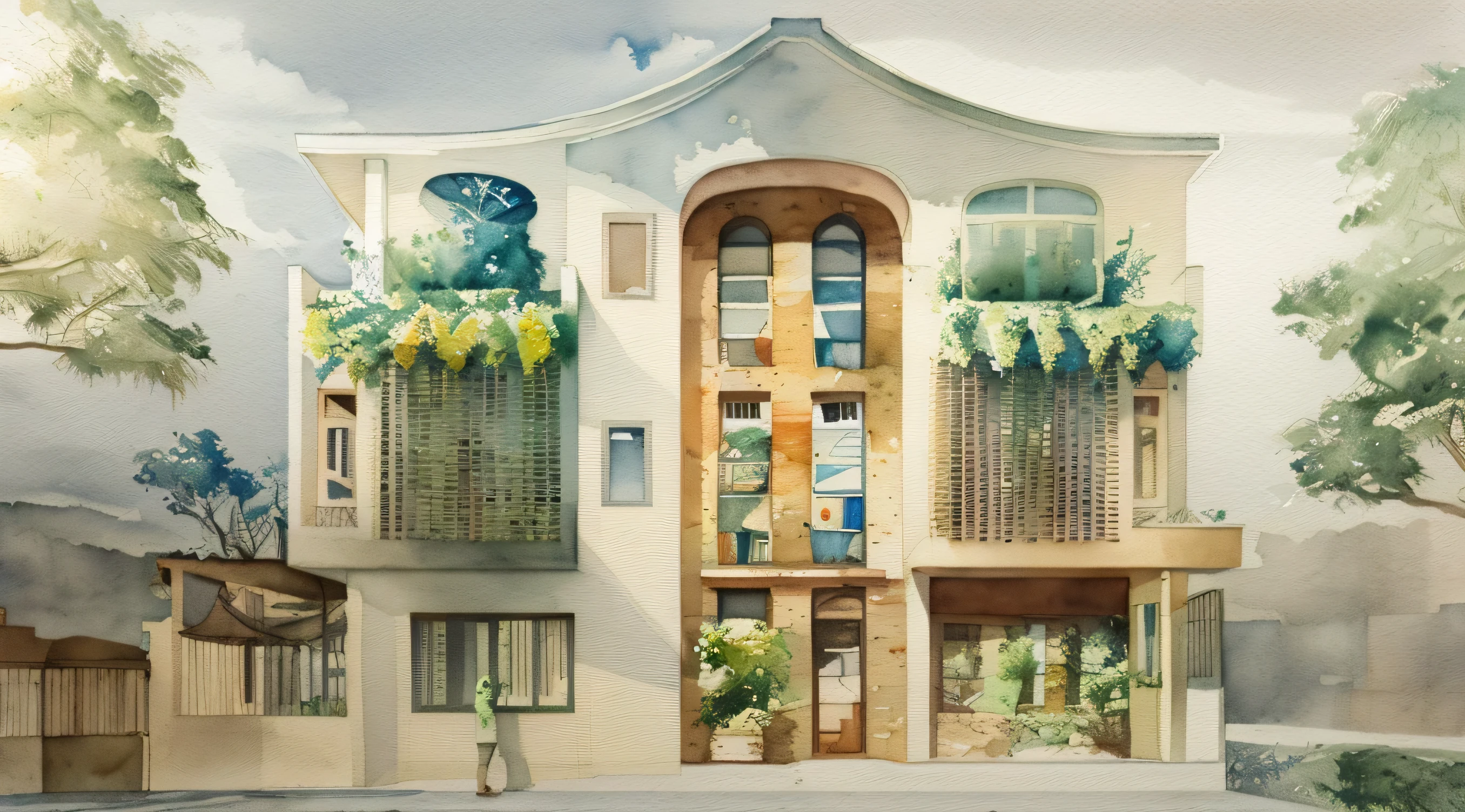 miaobishenghua , ArchiZHS, architecture building, many trees, street, people, car, watercolor style