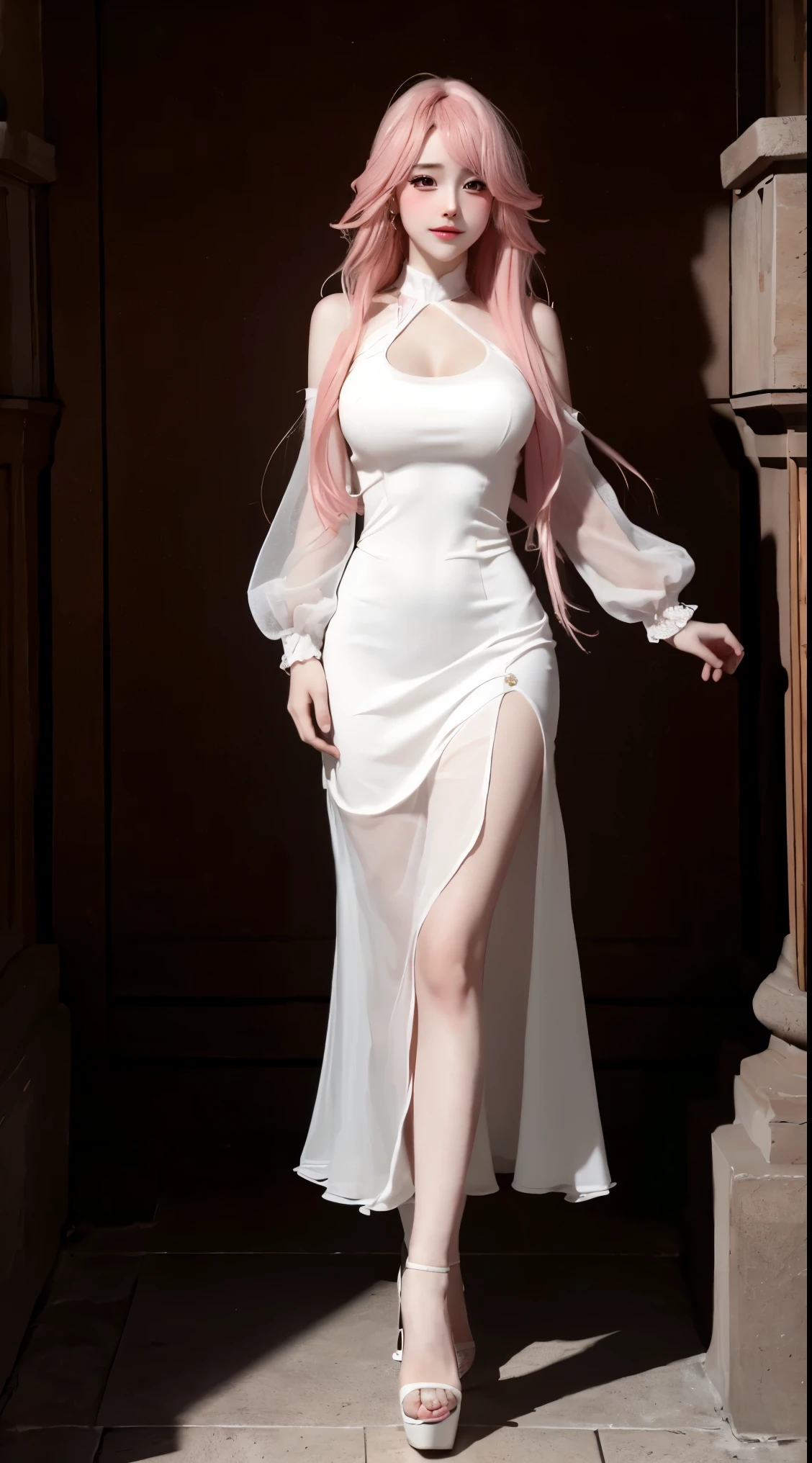 8k, Surreal, masterpiece, best quality, Super detailed, high resolution, random background, 1個Giant Breast Girl, (:1.5), Willow Yao, white dress，translucent，whole body，High heel白色透明婚纱，High heel，whole body，pink hair，stand