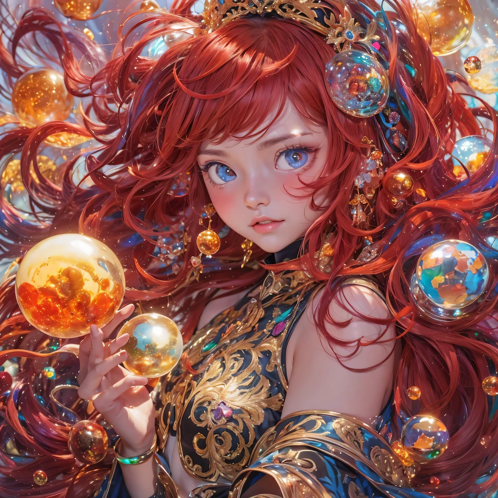 Poached egg series，red，enamel，agate，A flesh-colored world，Blood Blue Maiden 32k（masterpiece，HD，Aoyama Pond，Ultra high quality，32k）飘逸的亮red长发，blood pool，Ziddink， a color，Grumpy （After greeting）， （Linen scarf）， fighting stance， looking at the ground， Long red hair， Floating bright blue， Fire cloud gold headdress， 中国长袖金丝酒red服装， （Abstract metaverse splash：1.2）， White background，Peony flower vitality protector（realistically：1.4），bright purple hair，Smoke on the road，The background is very pure， high resolution， detail， RAW photos， Sharp Re， Nikon D850 film photo by Jefferies Lee 4 Kodak Portra 400 camera F1.6 guns, colorful, Ultra-realistic and vivid textures, dramatic lighting, Unreal Engine Art Station Trend, Sinest 800，一个有着长长的飘逸亮red头发的女孩，huge colorful bubbles