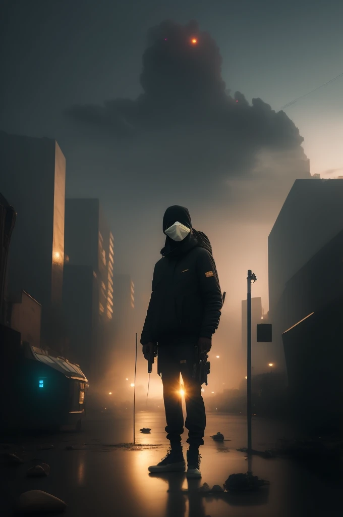 Arafaldo's image,A man standing in the street with a gun, beeple like a movie, Art Gem and Beeple's Masterpiece, Beeple and Greg Lutkowski, Wojtek Füss, Artem Demra Beeple, retreating beeple, 3d rendering beeple, beeple rendering,wear a face covering,,the sky is cloudy