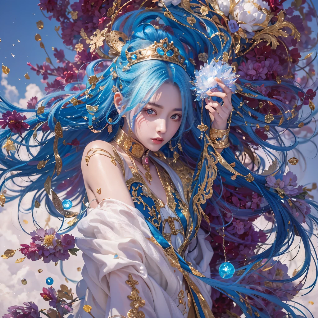 Yellow blue colors,enamel,agate,A flesh-colored world,Blood Blue Maiden 32k(masterpiece,HD,Aoyama Pond,Ultra high quality,32k)long flowing bright blue hair,blood pool,Ziddink, a color,Grumpy (After greeting), (Linen scarf), fighting stance, looking at the ground, long white hair, Floating bright blue, Fire cloud gold headdress, Chinese long-sleeved gold silk burgundy garment, (Abstract metaverse splash:1.2), White background,Peony flower vitality protector(realistically:1.4),bright purple hair,Smoke on the road,The background is very pure, high resolution, detail, RAW photos, Sharp Re, Nikon D850 film photo by Jefferies Lee 4 Kodak Portra 400 camera F1.6 guns, colorful, Ultra-realistic and vivid textures, dramatic lighting, Unreal Engine Art Station Trend, Sinest 800,一个有着long flowing bright blue hair的女孩,huge colorful bubbles