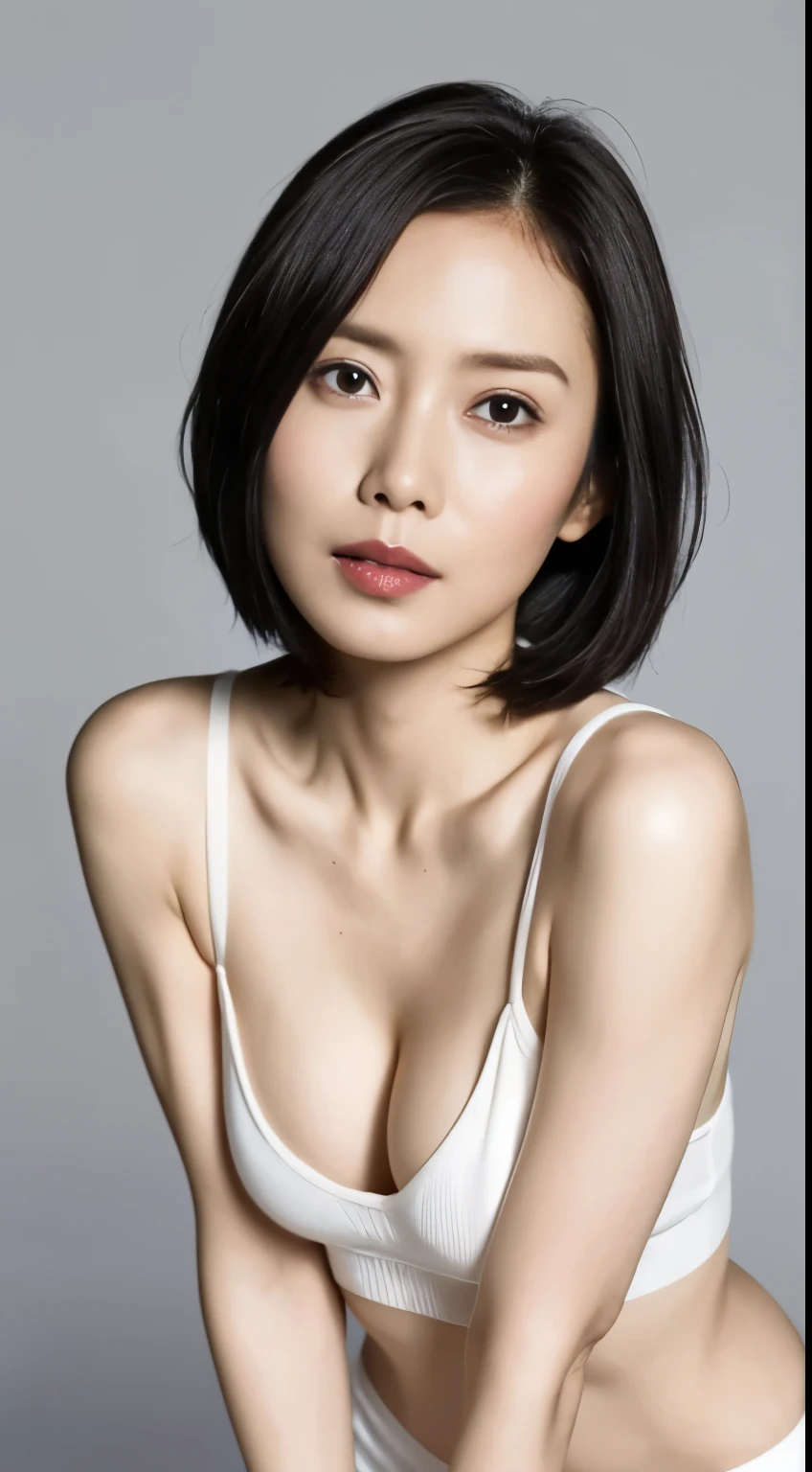 Japanese, short stature woman,  physique, short arm, long slit eyes, fleeting atmosphere, 30 year old female, brown bob hair, ((thin lips)), white top and bottom underwear, muste piece, best quality, detailed skin, detailed eyes, ,8K, good anatomy, upper body portrait