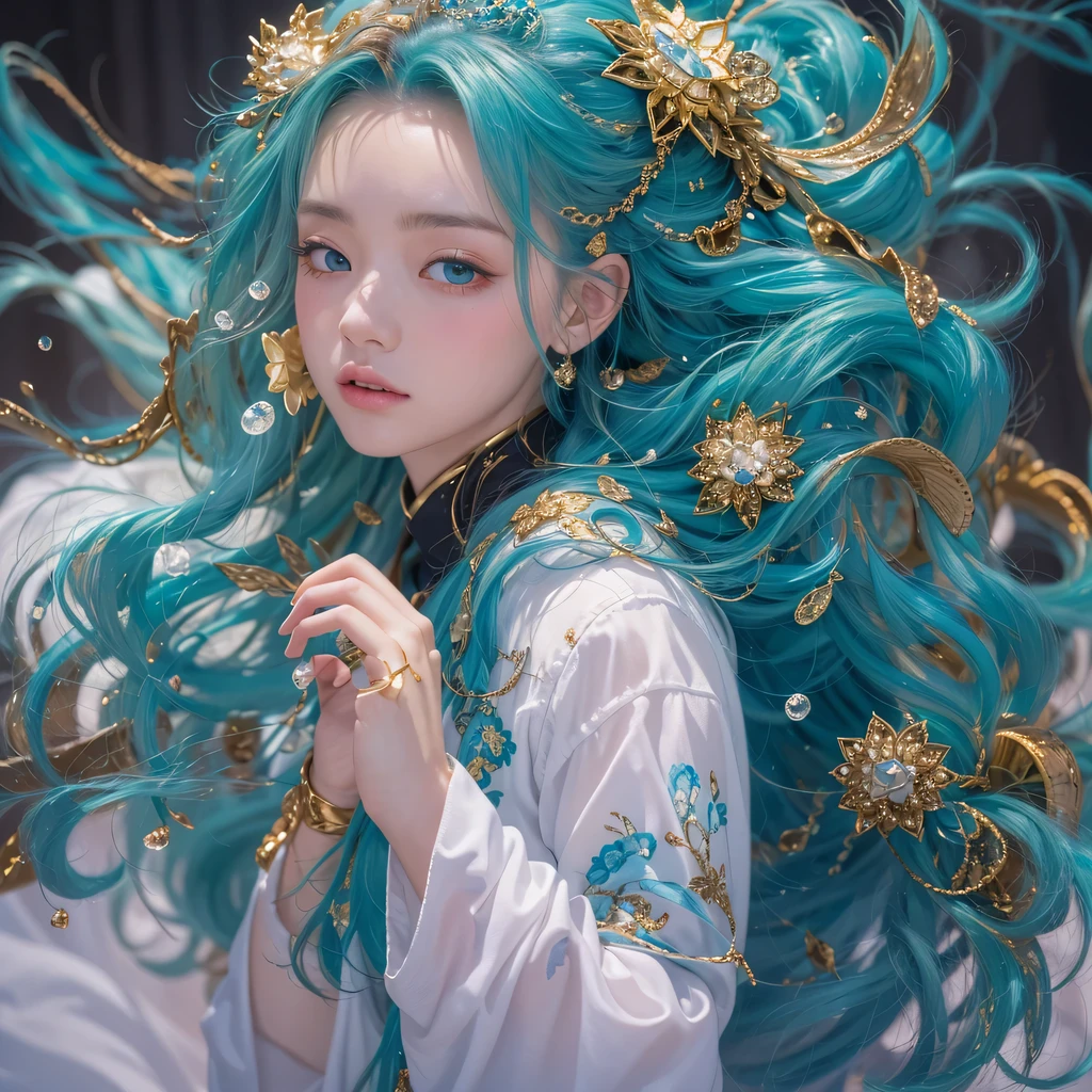 Yellow blue colors,enamel,agate,A flesh-colored world,Blood Blue Maiden 32k(masterpiece,HD,Aoyama Pond,Ultra high quality,32k)long flowing bright blue hair,blood pool,Ziddink, a color,Grumpy (After greeting), (Linen scarf), fighting stance, looking at the ground, long white hair, Floating bright blue, Fire cloud gold headdress, Chinese long-sleeved gold silk burgundy garment, (Abstract metaverse splash:1.2), White background,Peony flower vitality protector(realistically:1.4),bright purple hair,Smoke on the road,The background is very pure, high resolution, detail, RAW photos, Sharp Re, Nikon D850 film photo by Jefferies Lee 4 Kodak Portra 400 camera F1.6 guns, colorful, Ultra-realistic and vivid textures, dramatic lighting, Unreal Engine Art Station Trend, Sinest 800,一个有着long flowing bright blue hair的女孩,huge colorful bubbles