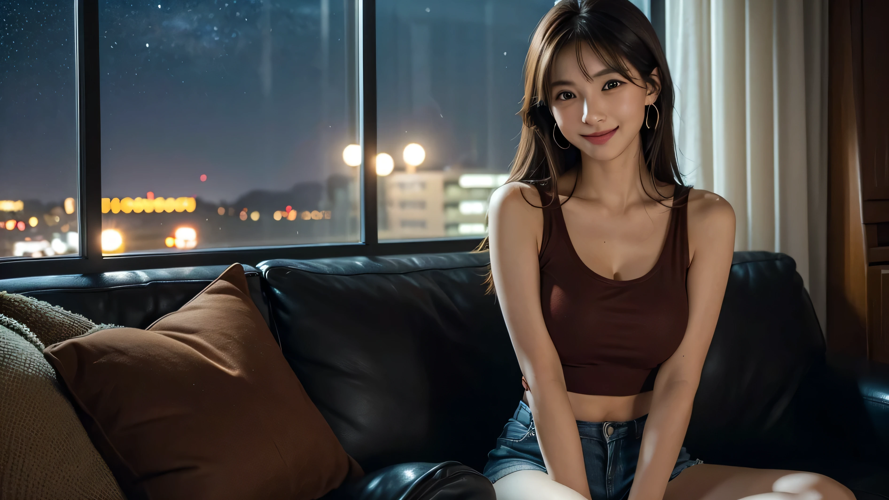 (1若い女の子very detailed美しい顔), Great look and best quality:1.4), (Super detailed), (very detailed CG 統合 8k 壁紙), very detailed, High resolution RAW color photos, professional photography, realistic portrait, wonderful face and eyes, ((brown eyes)),(((big breasts))), (((Straight medium brown hair))), model, written boundary depth, ,,put one'put one's hand forward, ((smile)),33 years old,,(Fashionable earrings),(((Stylish red tank top)))),((Thin shorts)),Riding on the elbow,cleavage,足を開いてsit,,(((living room window at night))),((starry sky outside))(kitchen),(((椅子に足を広げてsit))),((sit)),(((Lie)))