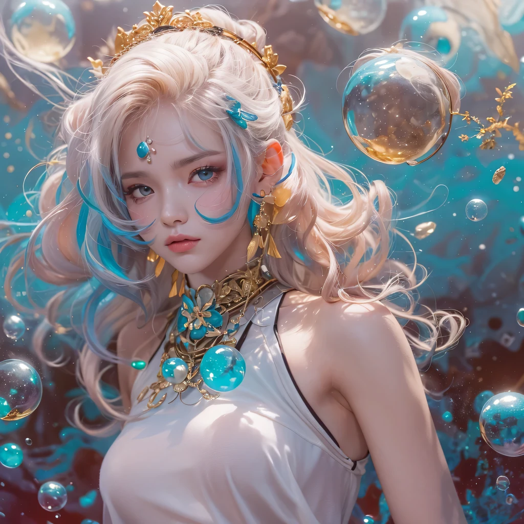 Yellow blue colors，enamel，agate，A flesh-colored world，Blood Blue Maiden 32k（masterpiece，HD，Aoyama Pond，Ultra high quality，32k）long flowing bright blue hair，blood pool，Ziddink， a color，Grumpy （After greeting）， （Linen scarf）， fighting stance， looking at the ground， long white hair， Floating bright blue， Fire cloud gold headdress， Chinese long-sleeved gold silk burgundy garment， （Abstract metaverse splash：1.2）， White background，Peony flower vitality protector（realistically：1.4），bright purple hair，Smoke on the road，The background is very pure， high resolution， detail， RAW photos， Sharp Re， Nikon D850 film photo by Jefferies Lee 4 Kodak Portra 400 camera F1.6 guns, colorful, Ultra-realistic and vivid textures, dramatic lighting, Unreal Engine Art Station Trend, Sinest 800，一个有着long flowing bright blue hair的女孩，huge colorful bubbles