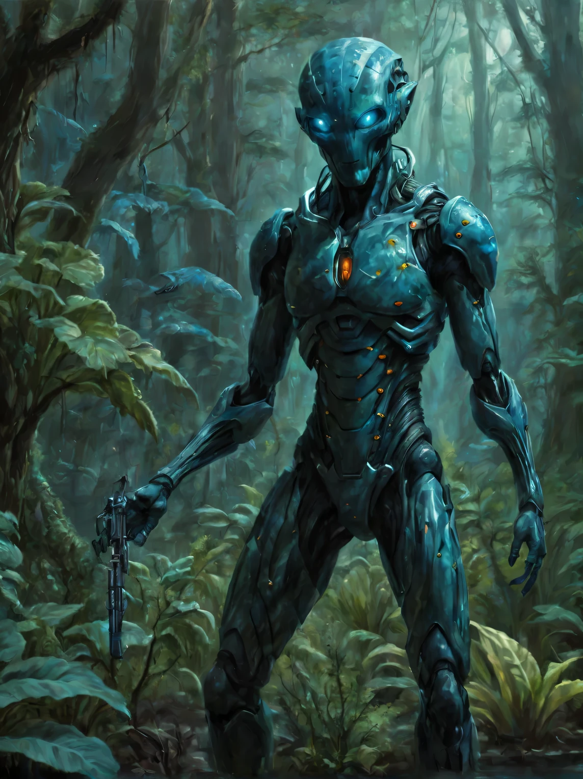 The neural network draws a picture against the background of Bioluminescent plants of another unknown world, a creature of an unknown alien life form in a hero costume with an unknown bladed weapon in his hand rejoices against the backdrop of alien bioluminescent vegetation, the alien hero looks unusual and majestic, A high resolution, High detail, clarity 32 thousand., A high resolution, 64-bit color depth, Oil Painting Effect Painting