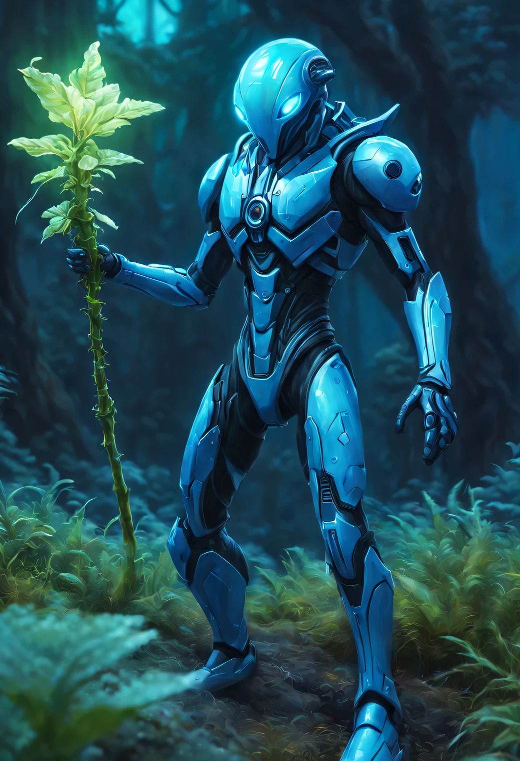 The neural network draws a picture against the background of Bioluminescent plants of another unknown world, a creature of an unknown alien life form in a hero costume with an unknown bladed weapon in his hand rejoices against the backdrop of alien bioluminescent vegetation, the alien hero looks unusual and majestic, A high resolution, High detail, clarity 32 thousand., A high resolution, 64-bit color depth, Oil Painting Effect Painting, (Mark Ryden:1.5155), (Xue Wang:1.1155), oil on canvas, exquisite workmanship, High detail