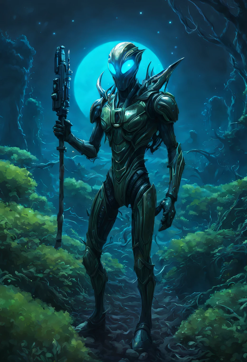 The neural network draws a picture against the background of Bioluminescent plants of another unknown world, a creature of an unknown alien life form in a hero costume with an unknown bladed weapon in his hand rejoices against the backdrop of alien bioluminescent vegetation, the alien hero looks unusual and majestic, A high resolution, High detail, clarity 32 thousand., A high resolution, 64-bit color depth, Oil Painting Effect Painting, (Mark Ryden:1.5155), (Xue Wang:1.1155), oil on canvas, exquisite workmanship, High detail