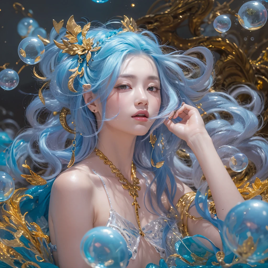 Yellow blue colors，enamel，agate，A flesh-colored world，Blood Blue Maiden 32k（masterpiece，HD，Aoyama Pond，Ultra high quality，32k）long flowing bright blue hair，blood pool，Ziddink， a color，Grumpy （After greeting）， （Linen scarf）， fighting stance， looking at the ground， long white hair， Floating bright blue， Fire cloud gold headdress， Chinese long-sleeved gold silk burgundy garment， （Abstract metaverse splash：1.2）， White background，Peony flower vitality protector（realistically：1.4），bright purple hair，Smoke on the road，The background is very pure， high resolution， detail， RAW photos， Sharp Re， Nikon D850 film photo by Jefferies Lee 4 Kodak Portra 400 camera F1.6 guns, colorful, Ultra-realistic and vivid textures, dramatic lighting, Unreal Engine Art Station Trend, Sinest 800，一个有着long flowing bright blue hair的女孩，huge colorful bubbles