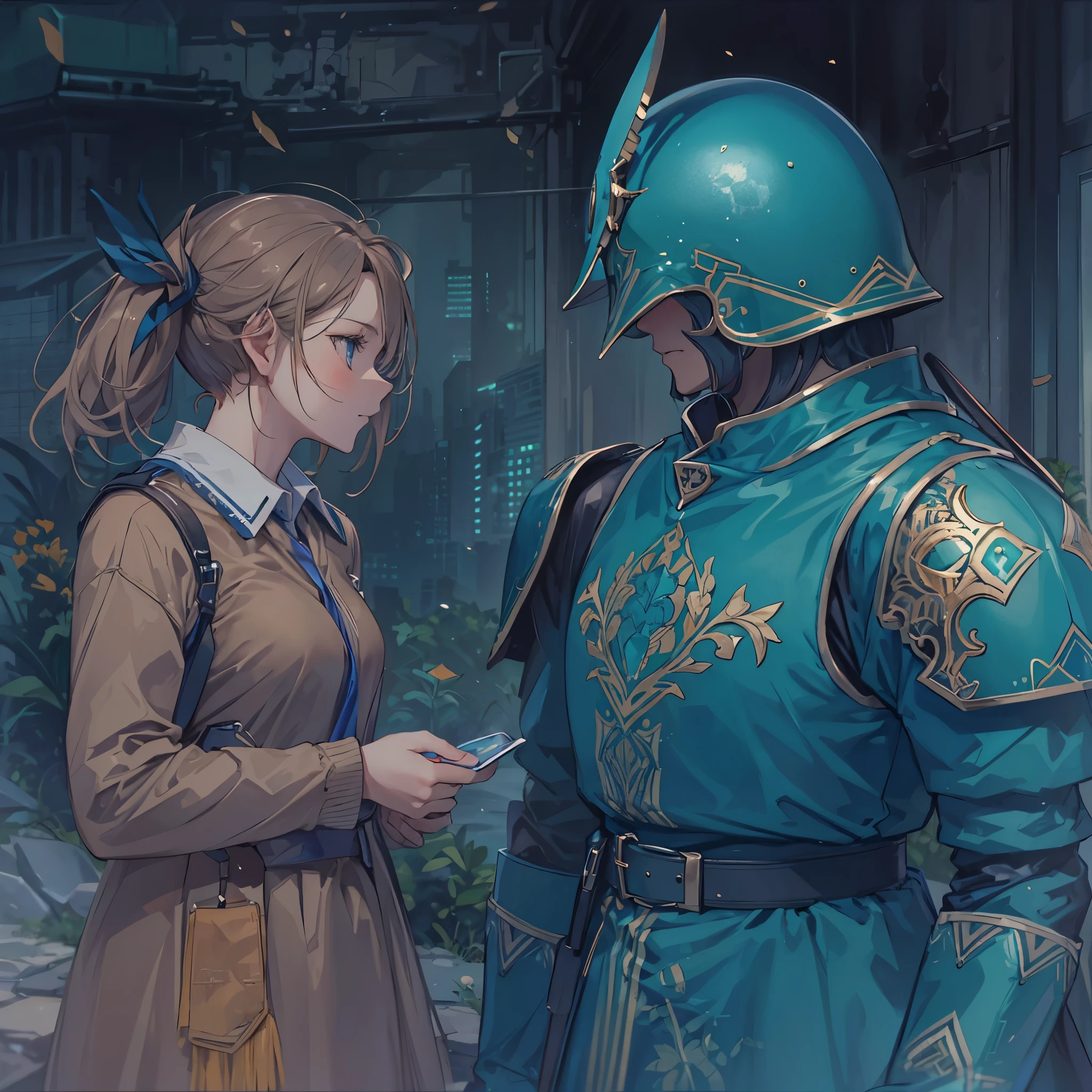 Two people talking, blue uniforms, blue armor, in my memories