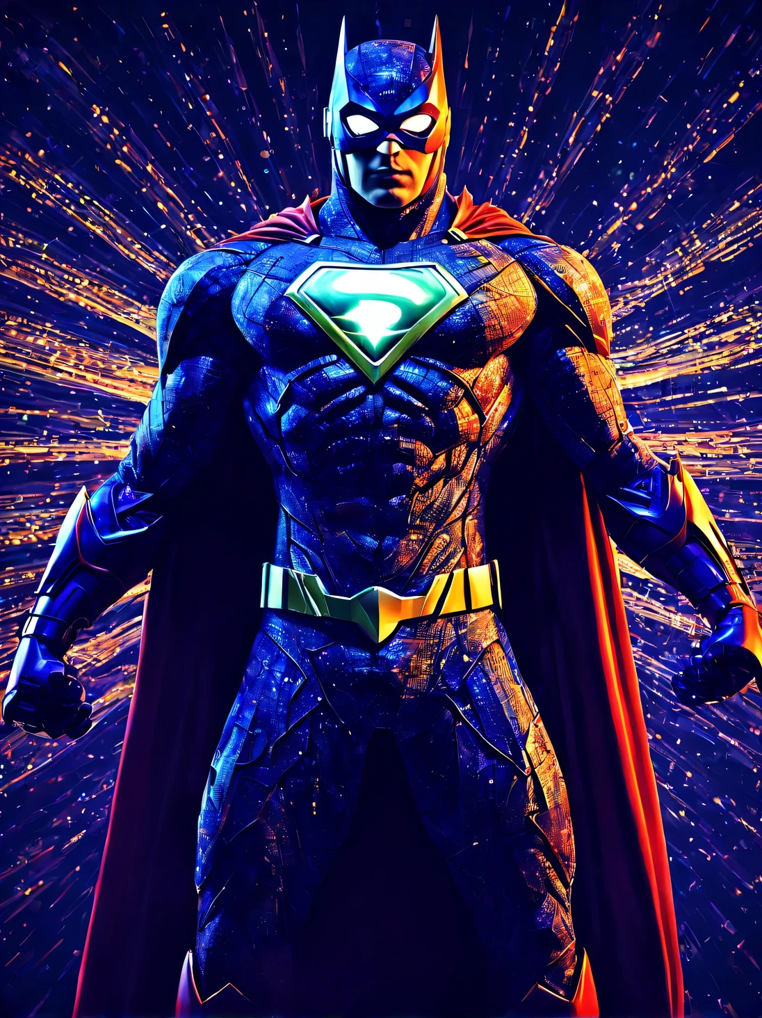 Neural network art, Highly accurate and clear night image (Hero:1.5055) from the world of neural networks, neural network worlds, (the great Hero of the neural network:1.455), (night Hero:1.455) Another world, (a Hero in a superHero costume and with a weapon:1.255), more details, shadow and glow, filigree, Beautiful Image, High detail